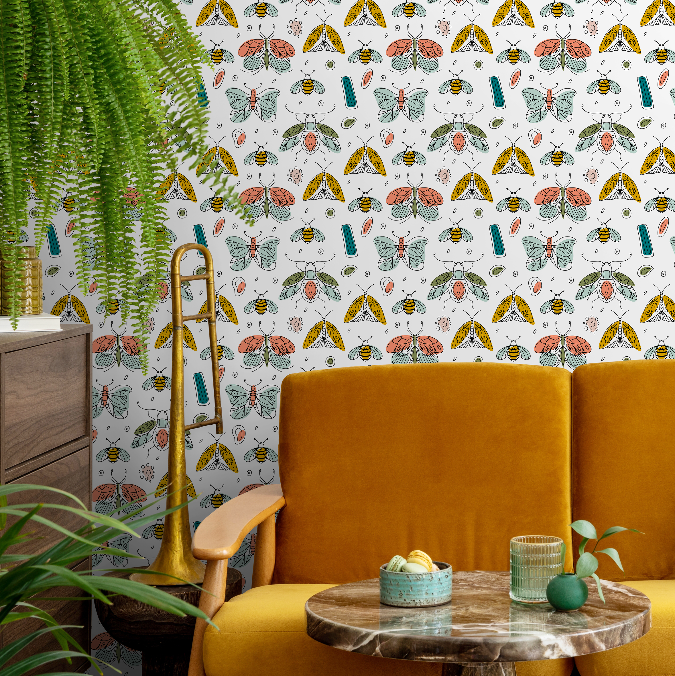 Insect Wallpaper With Hand-drawn Moths In Teal, Yellow, And Pink - B777