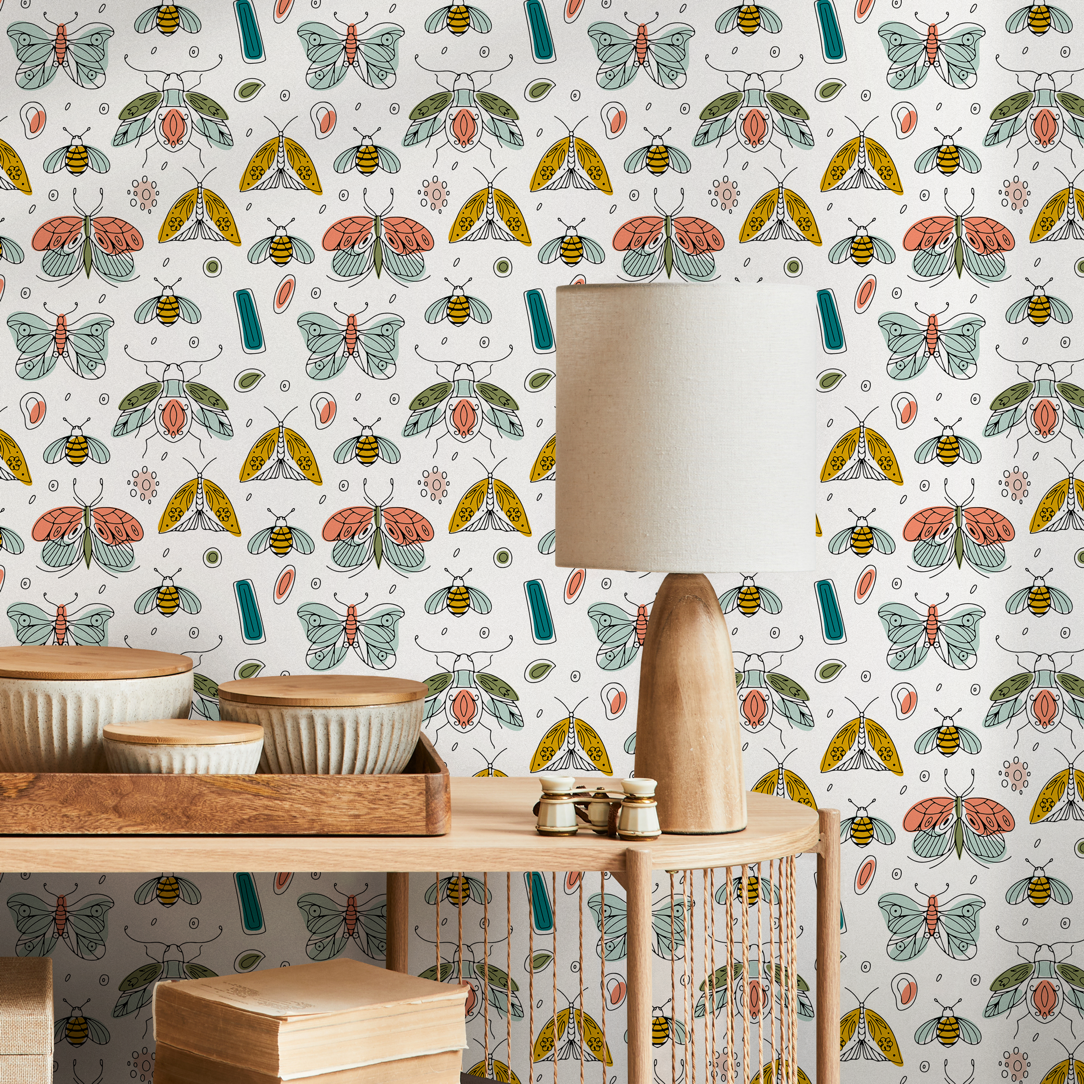 Insect Wallpaper With Hand-drawn Moths In Teal, Yellow, And Pink - B777