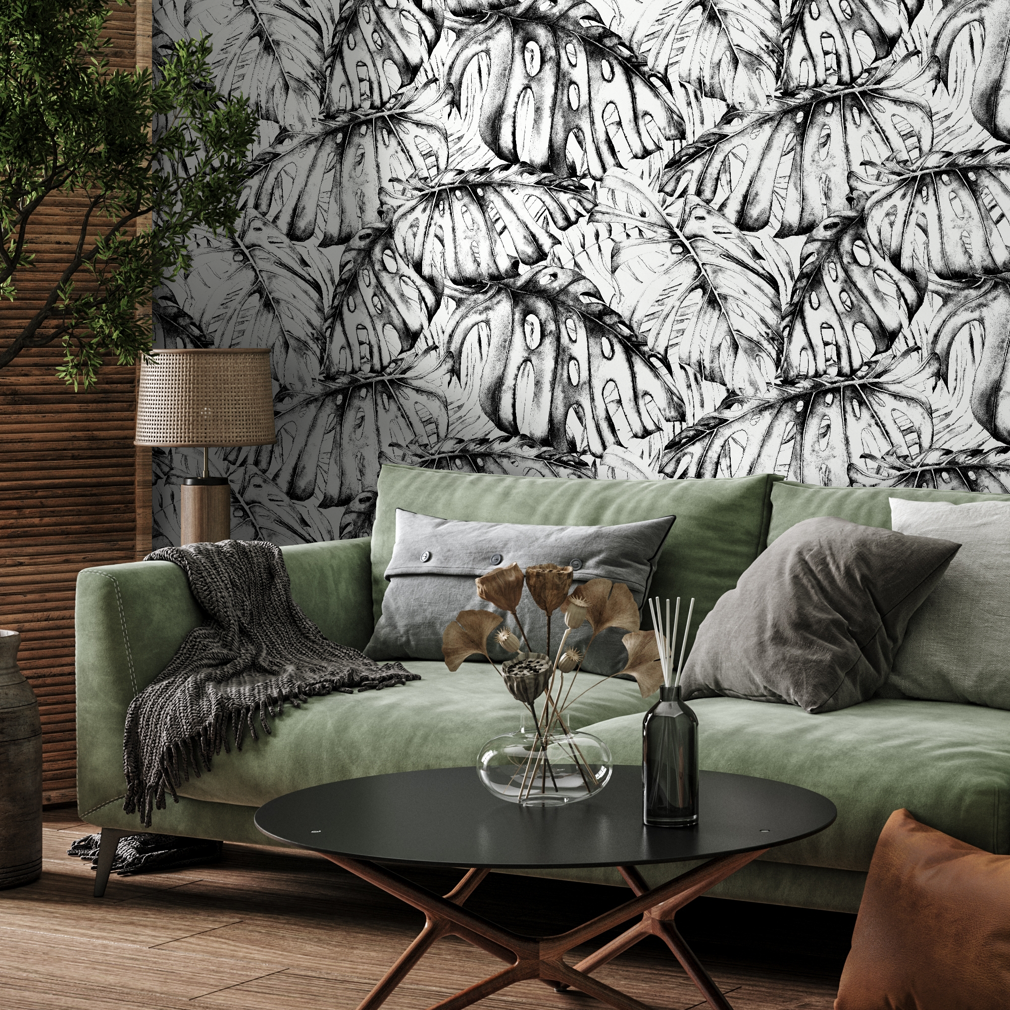 Botanical Wallpaper Featuring Illustrated Monstera Leaves In Black And White - B778