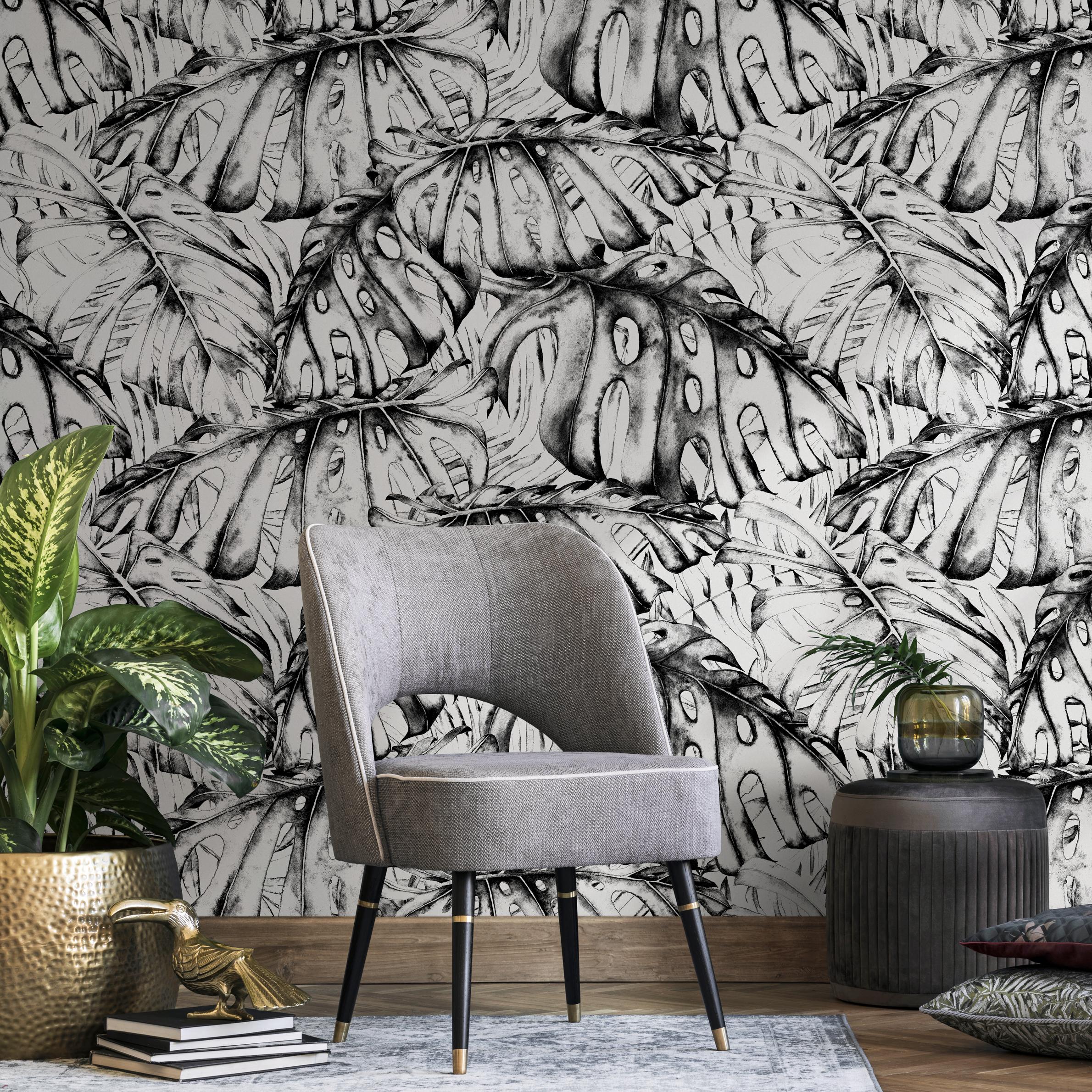 Botanical Wallpaper Featuring Illustrated Monstera Leaves In Black And White - B778