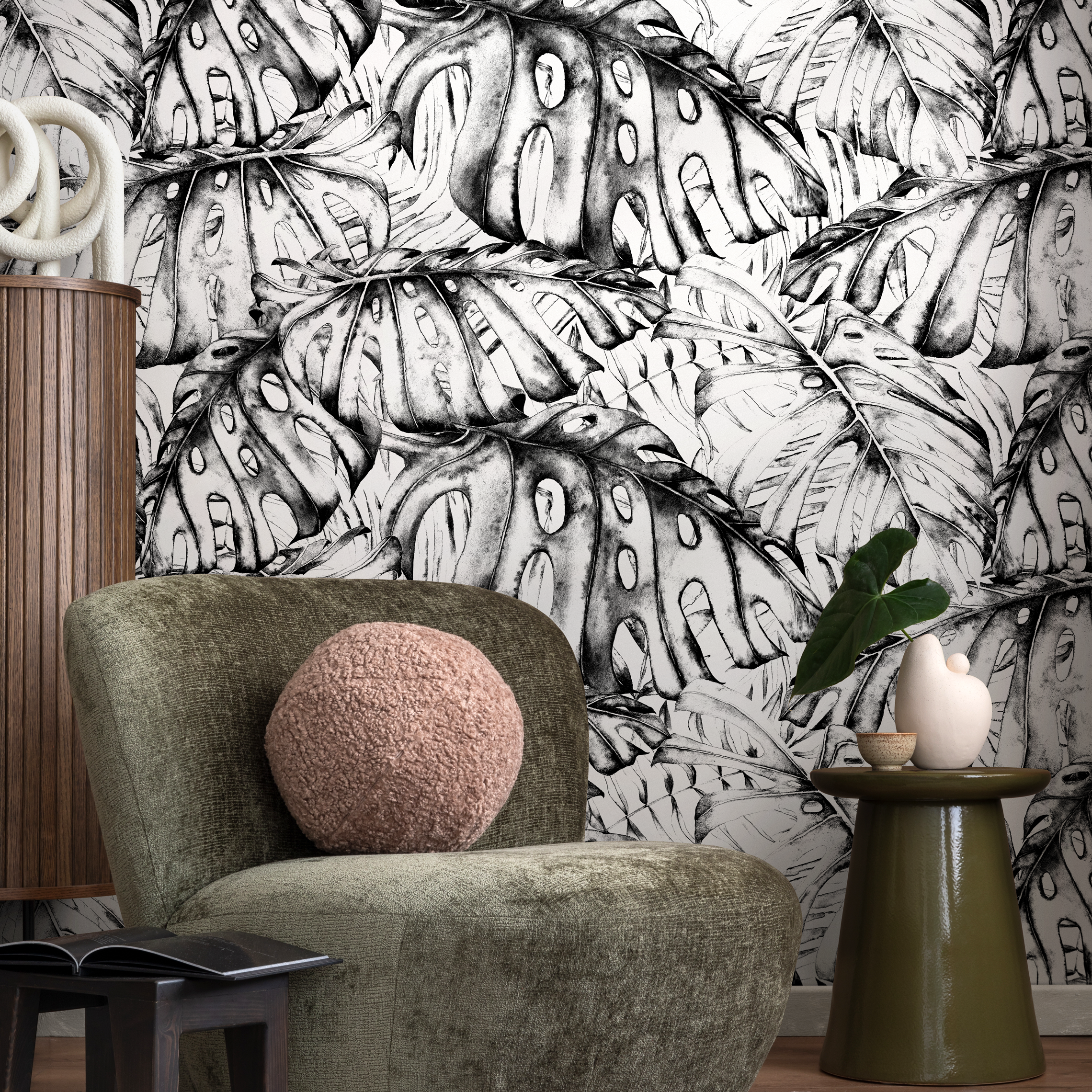 Botanical Wallpaper Featuring Illustrated Monstera Leaves In Black And White - B778