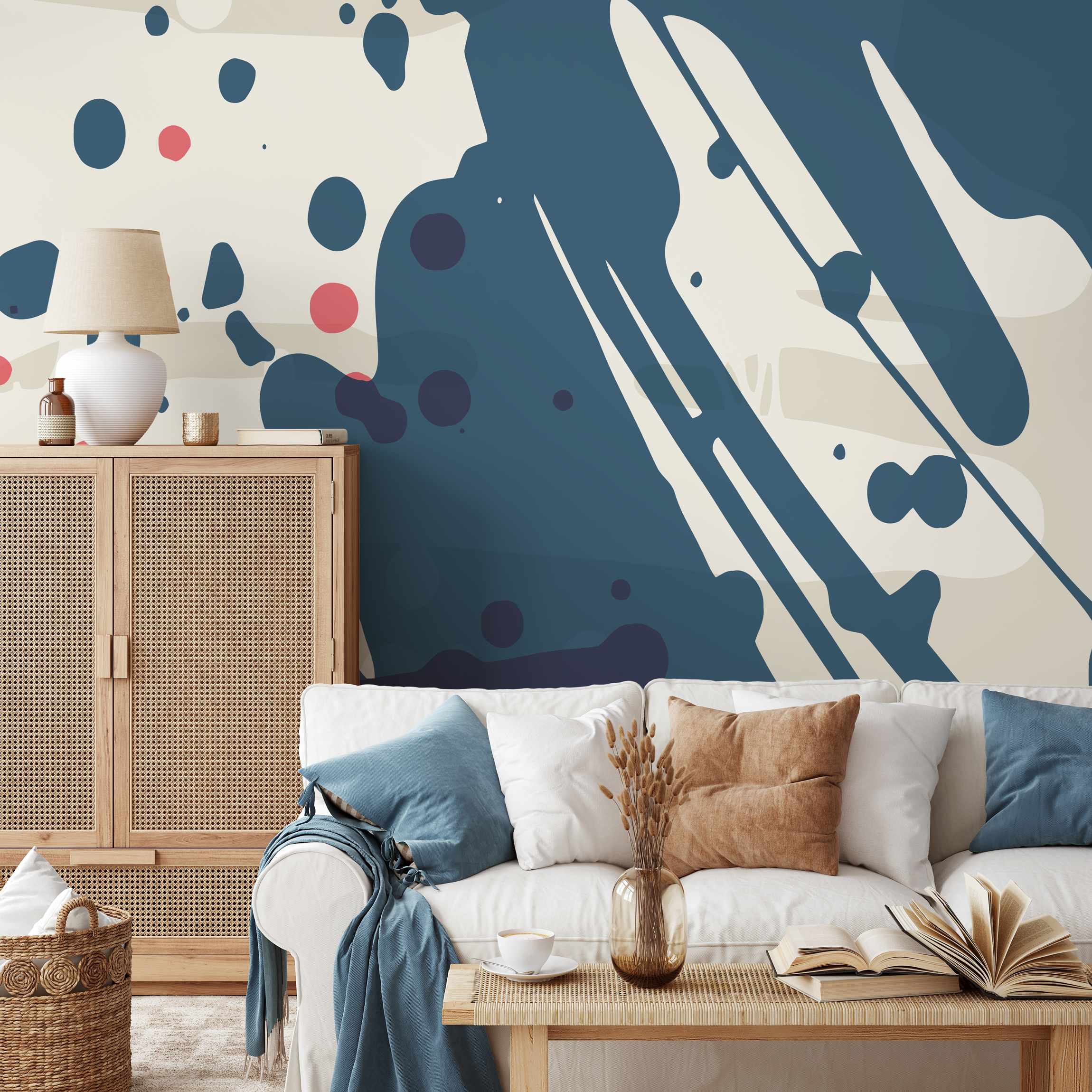 Abstract Wallpaper With Bold Paint Splatters In Blue, Pink, And Beige - B779