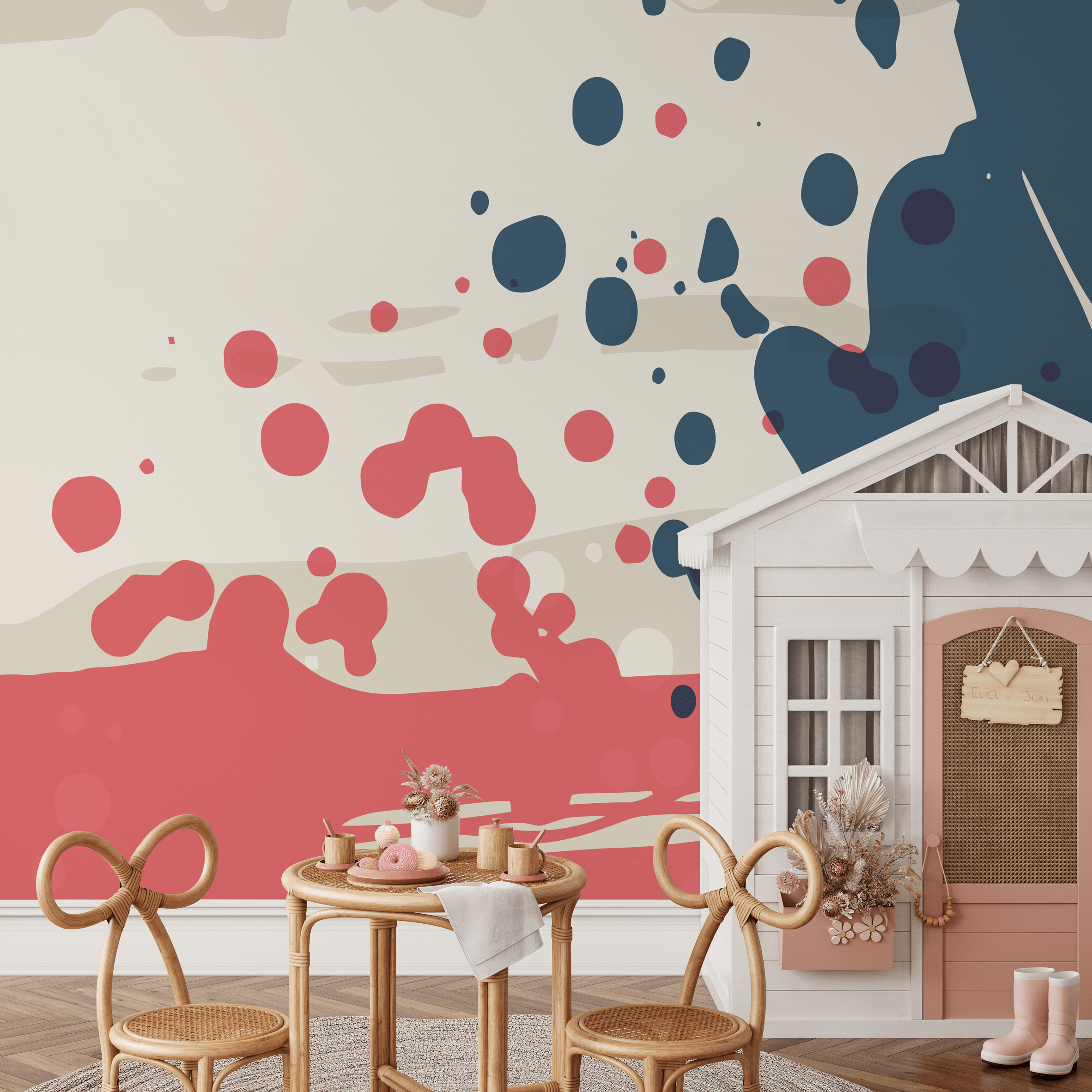 Abstract Wallpaper With Bold Paint Splatters In Blue, Pink, And Beige - B779