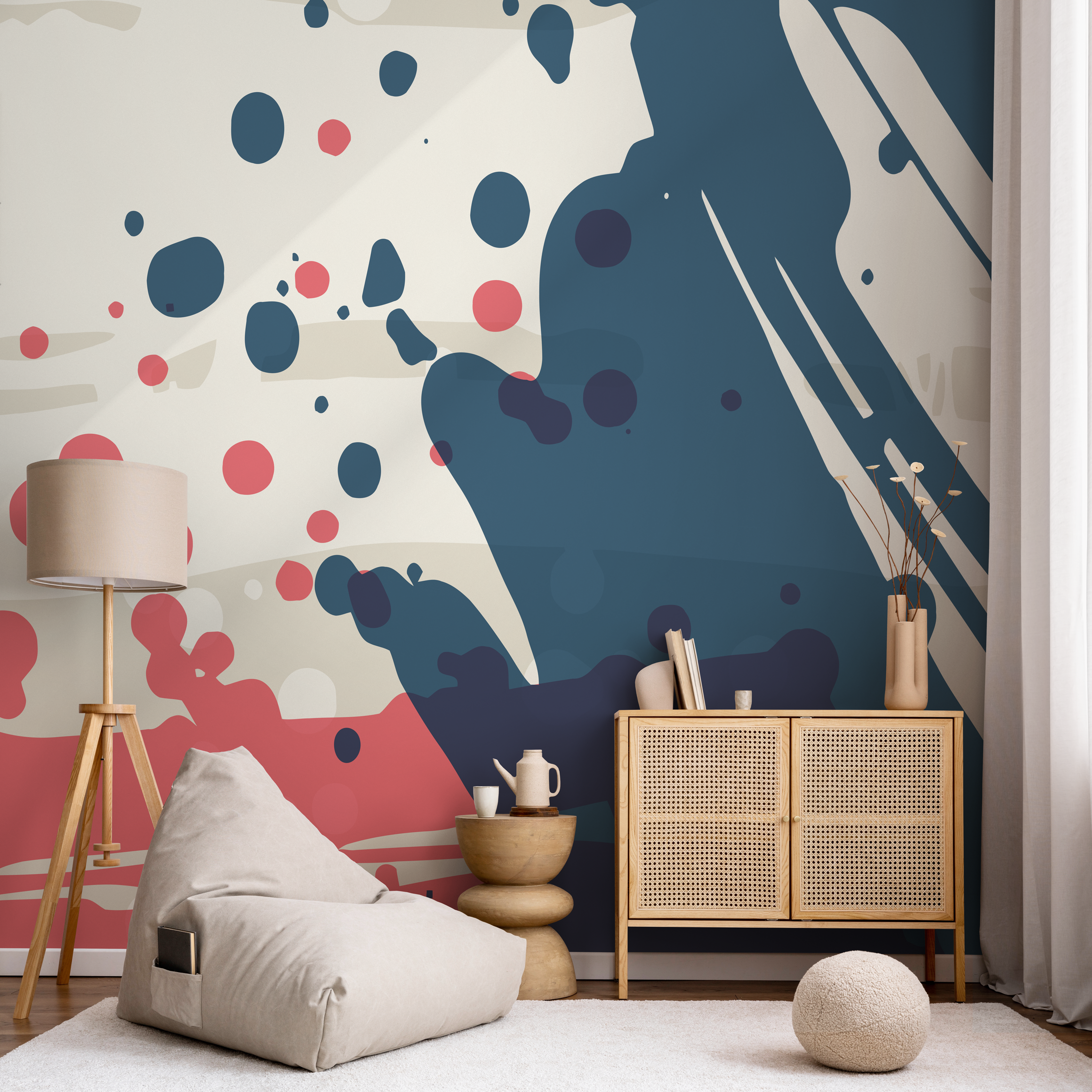 Abstract Wallpaper With Bold Paint Splatters In Blue, Pink, And Beige - B779