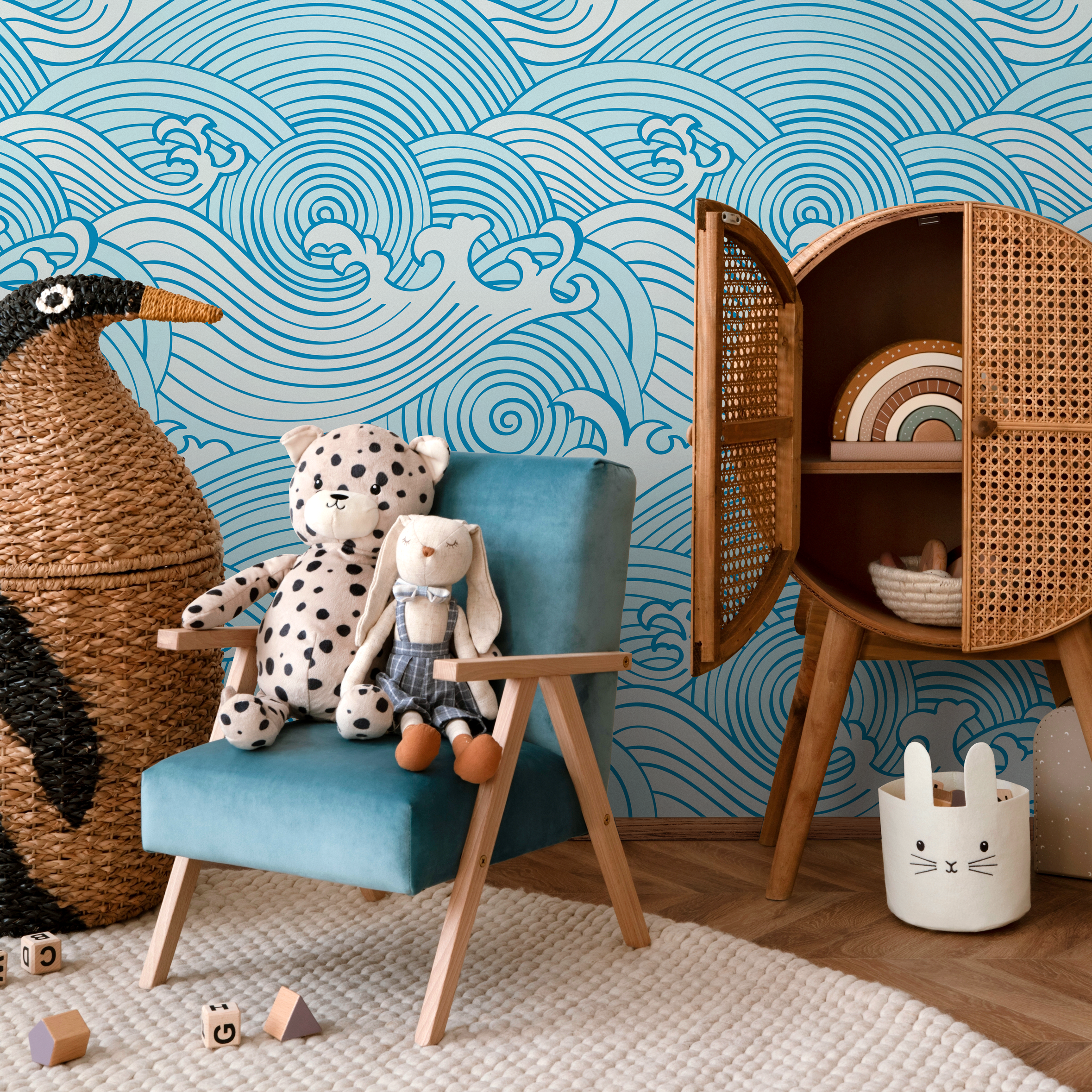 Nautical Wallpaper With A Stylized Ocean Wave Motif In Blue - B782