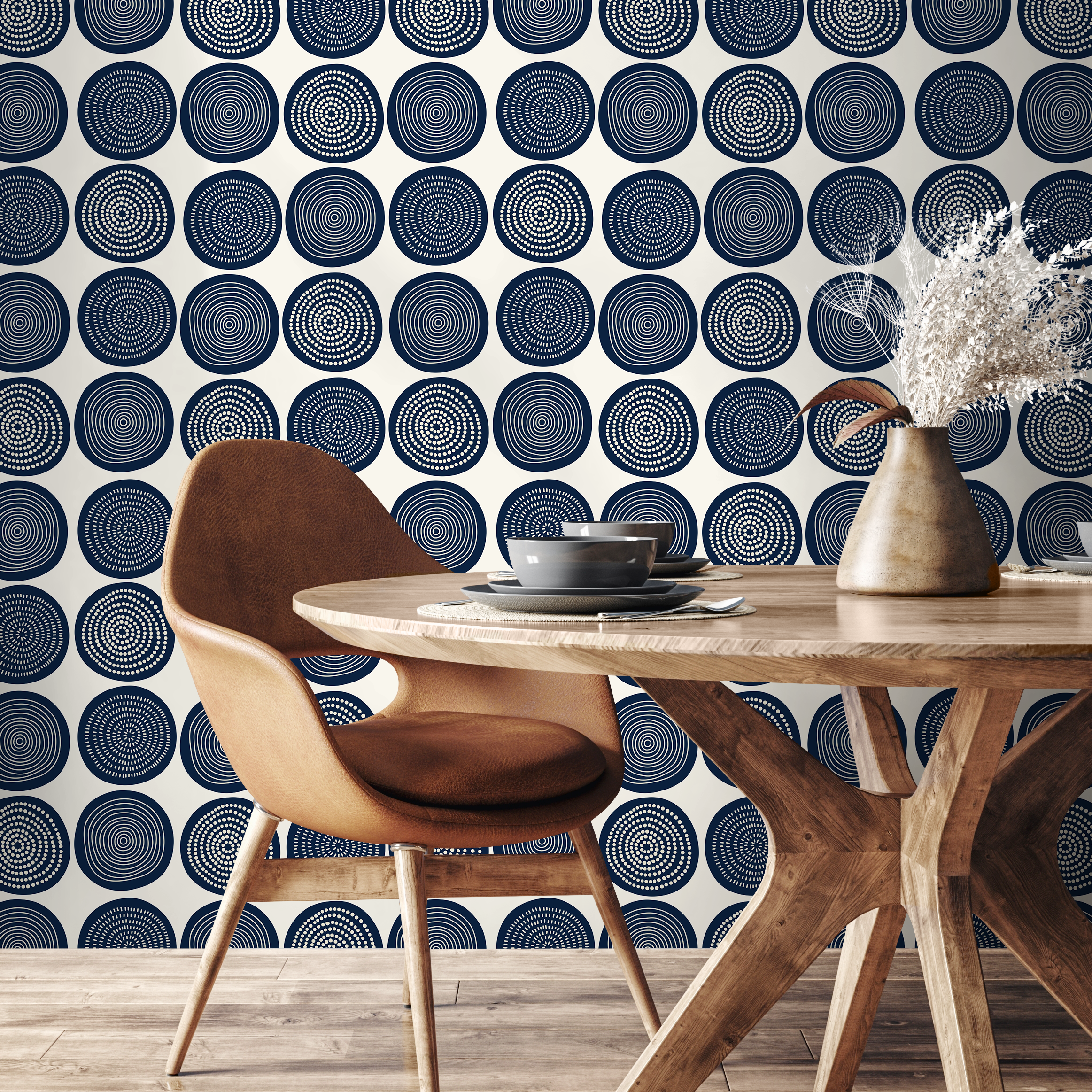 Geometric Wallpaper With Hand-drawn Circle Motifs In Navy Blue - B783