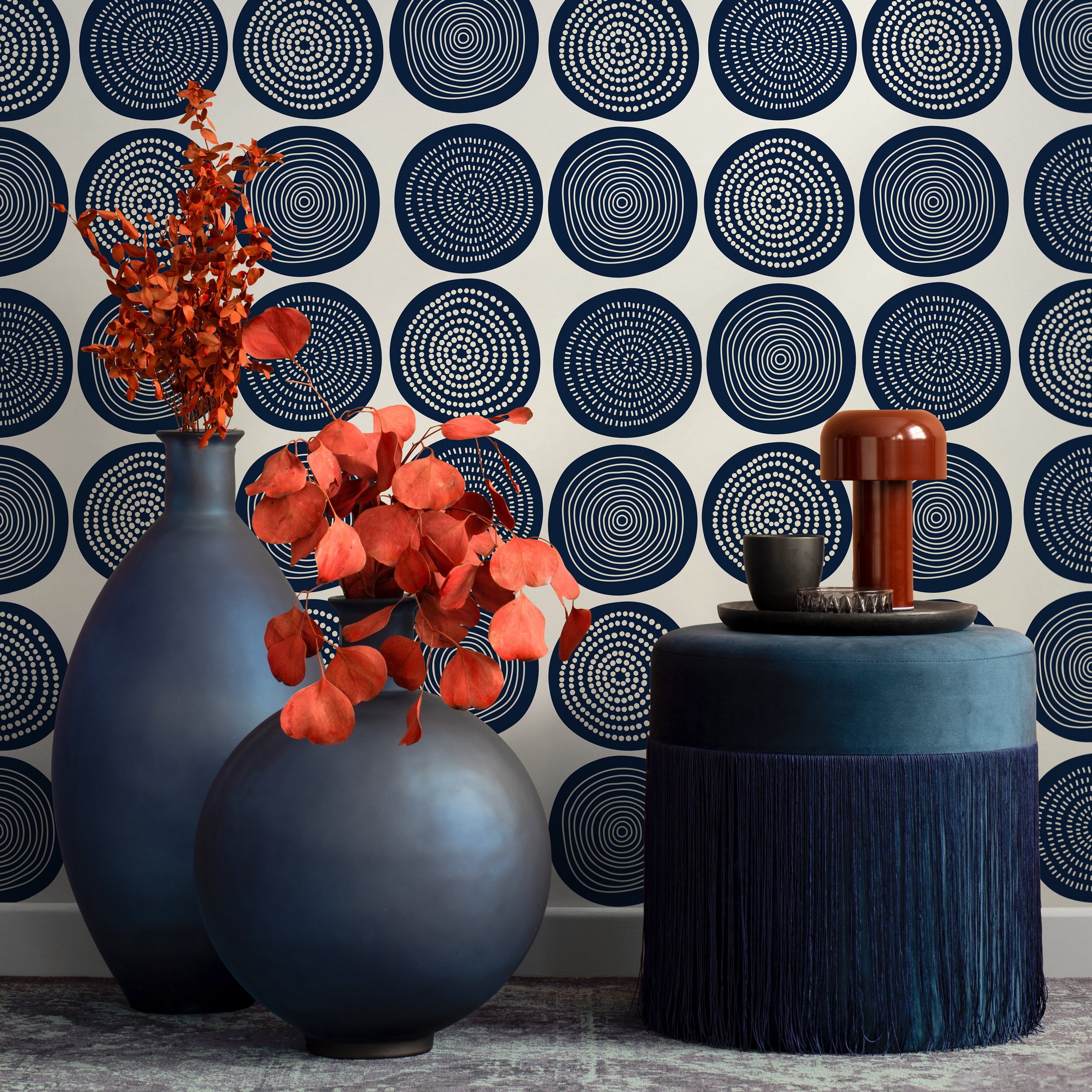 Geometric Wallpaper With Hand-drawn Circle Motifs In Navy Blue - B783
