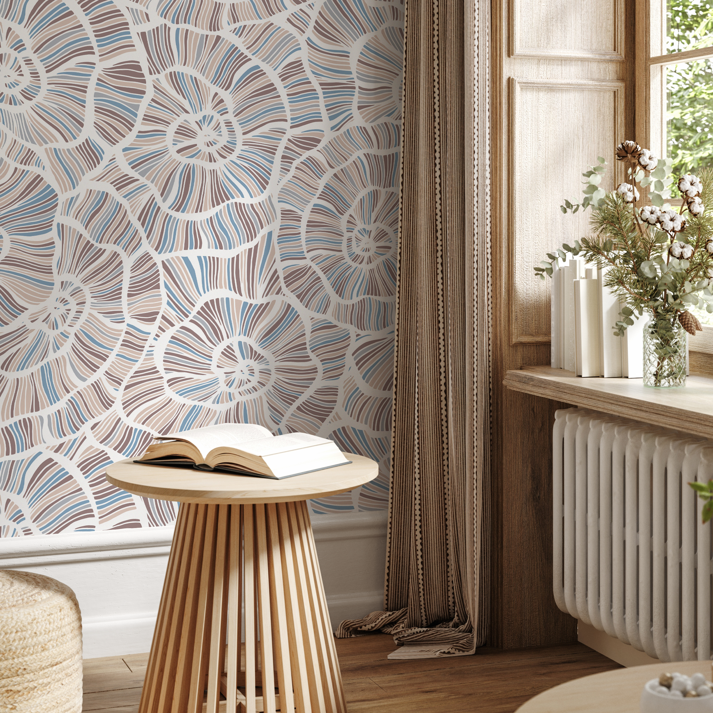 Abstract Wallpaper With A Spiral Shell Motif In Brown, Blue, And Beige - B784