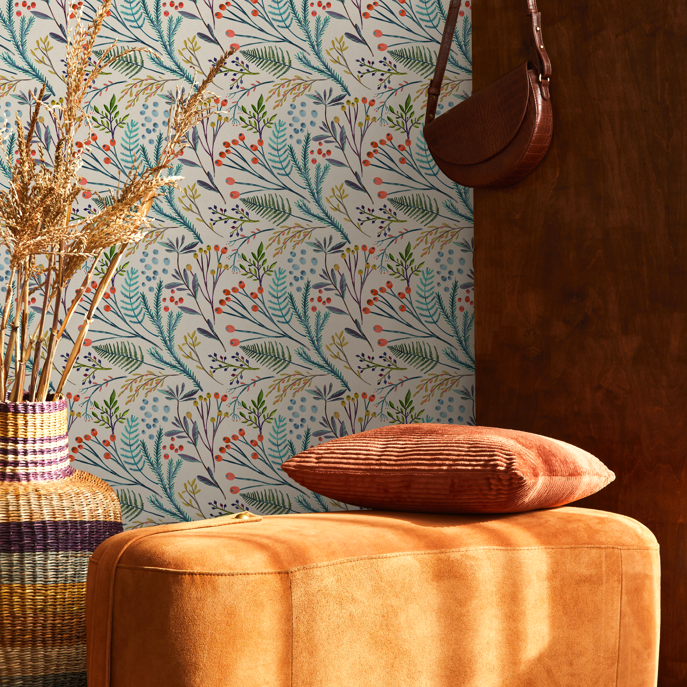 Botanical Wallpaper With Watercolor Ferns And Berries In Teal, Red, And Purple - B787