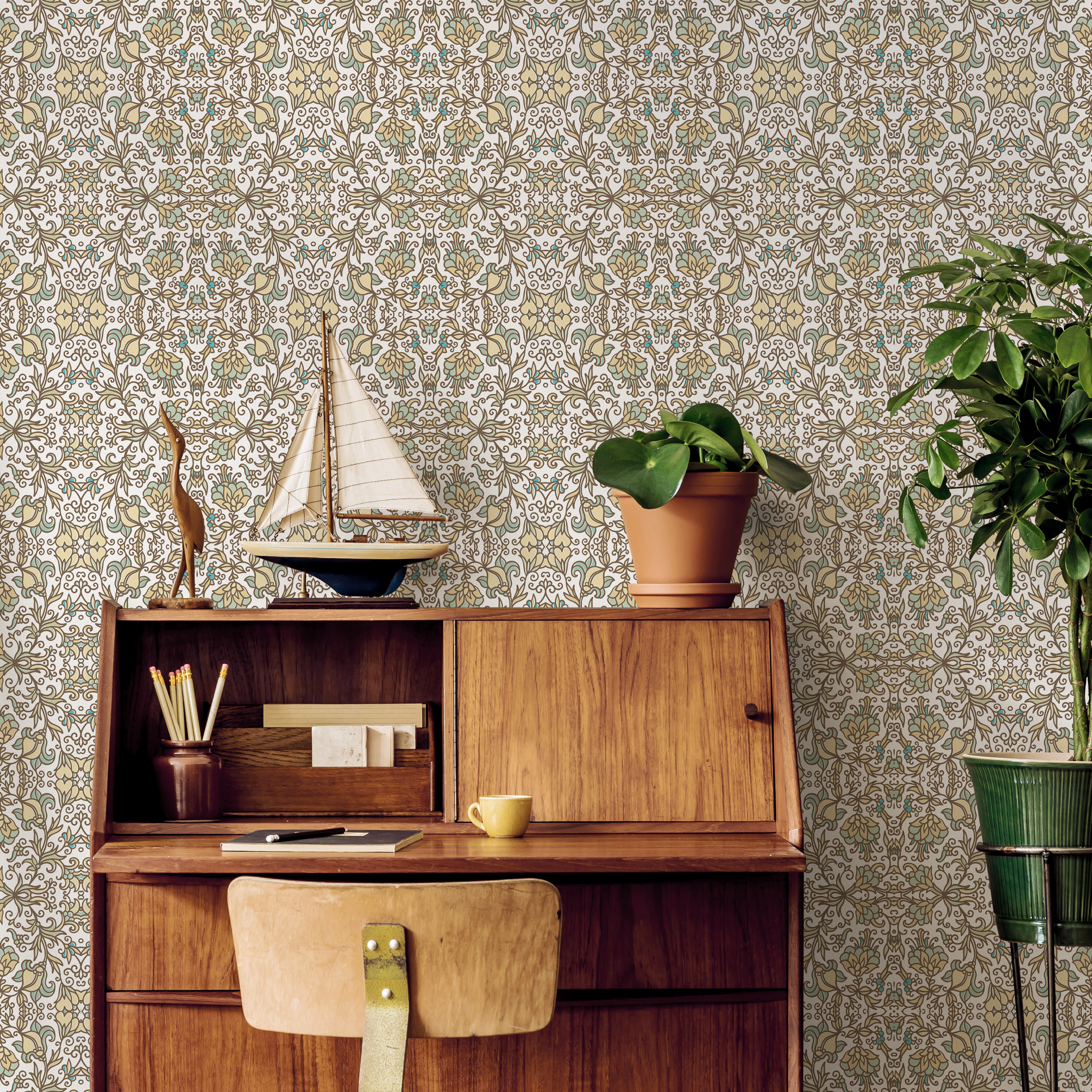 Damask Wallpaper With A Floral Arabesque Motif In Yellow, Green, And Blue - B788