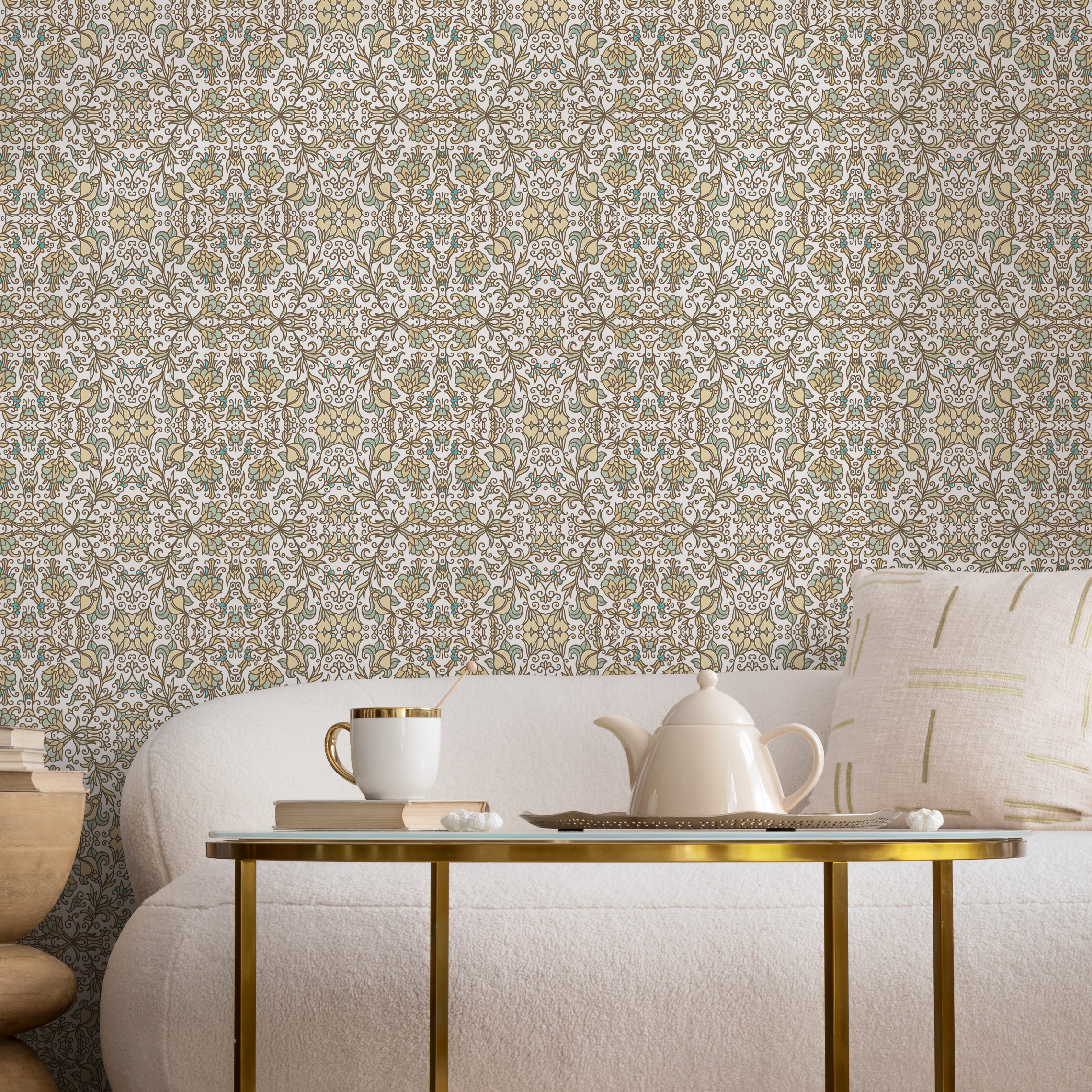 Damask Wallpaper With A Floral Arabesque Motif In Yellow, Green, And Blue - B788