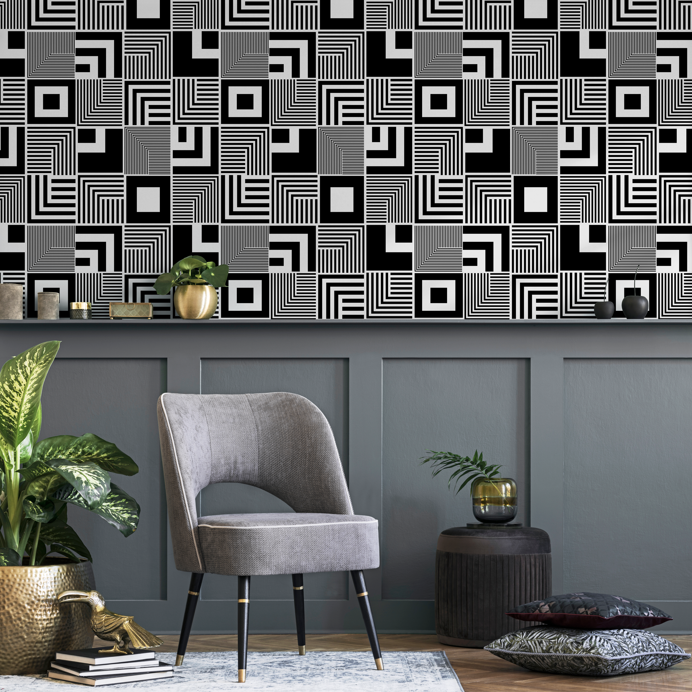 Geometric Wallpaper With An Op Art Inspired Square Motif In Black And White - B789