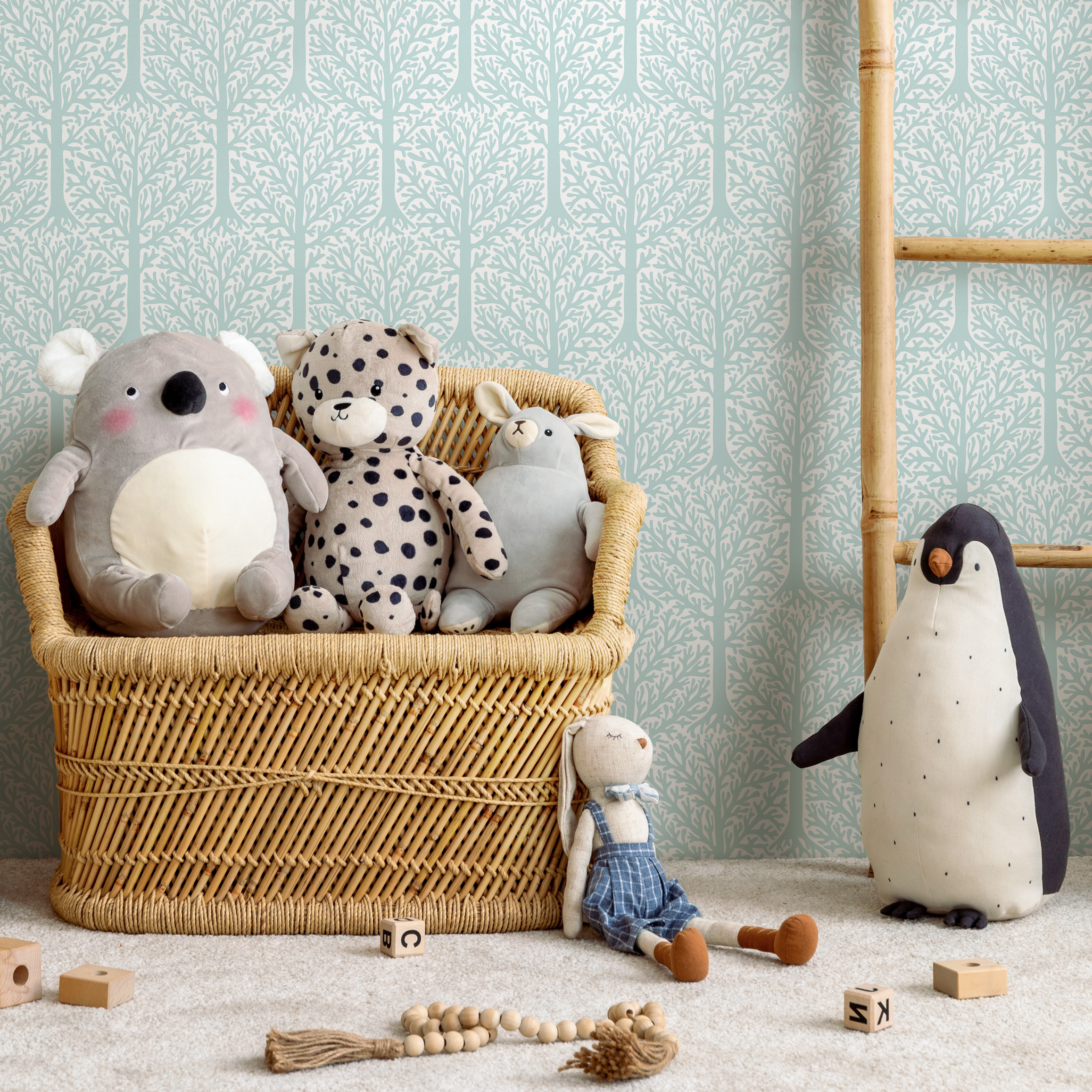 Woodland Wallpaper Featuring A Minimalist Forest In Light Blue And White - B790