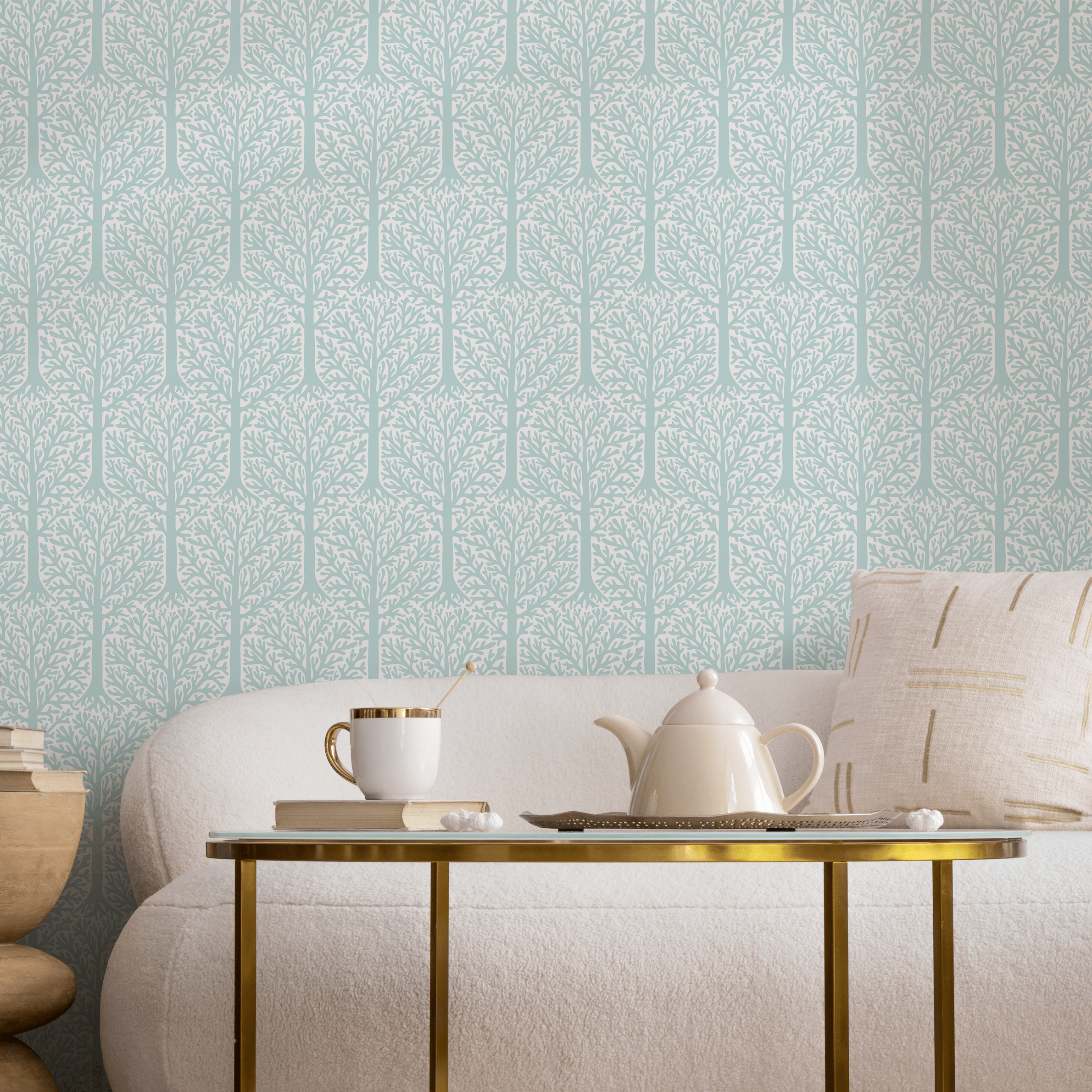 Woodland Wallpaper Featuring A Minimalist Forest In Light Blue And White - B790