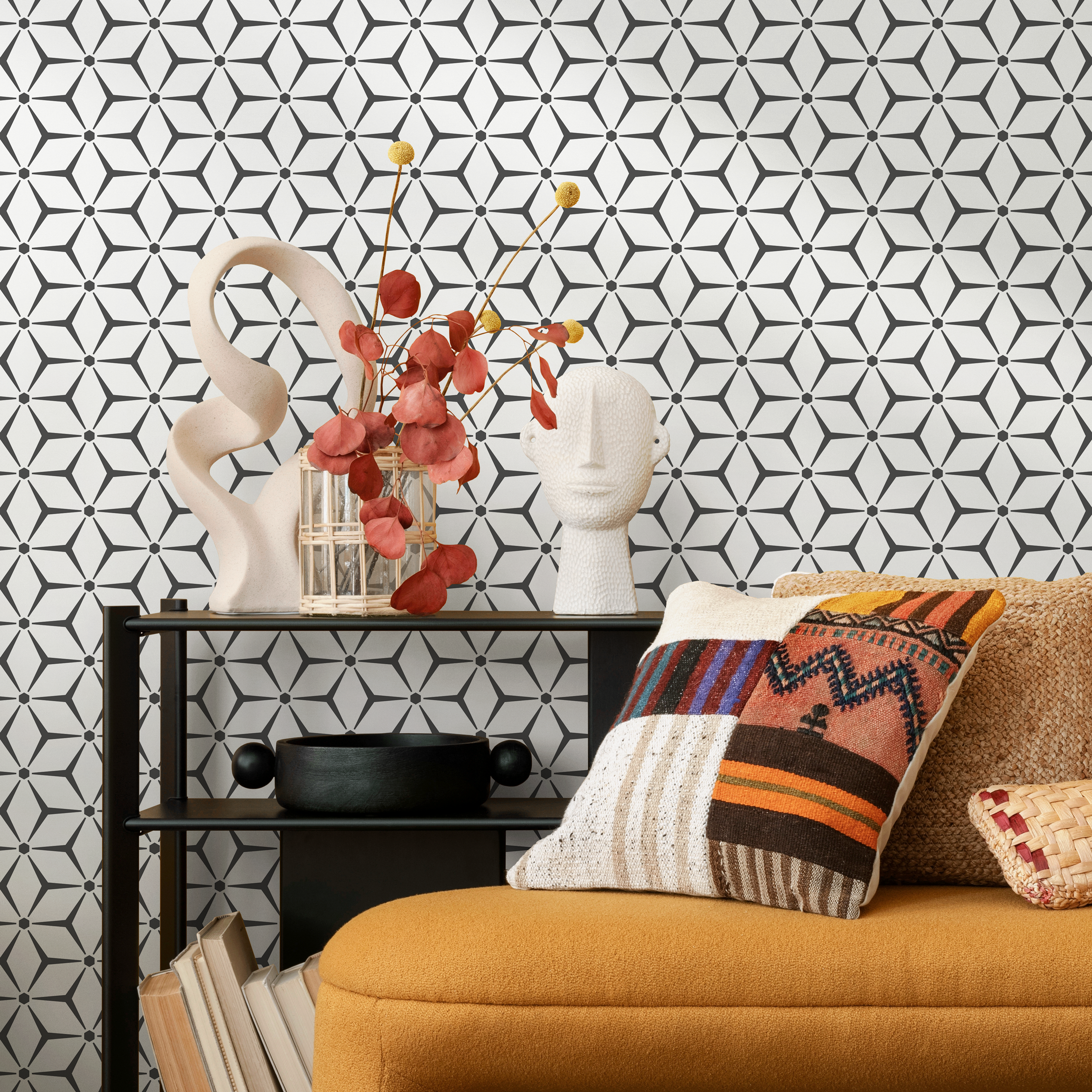 Geometric Wallpaper With A Starburst Tile Motif In Black And White - B791