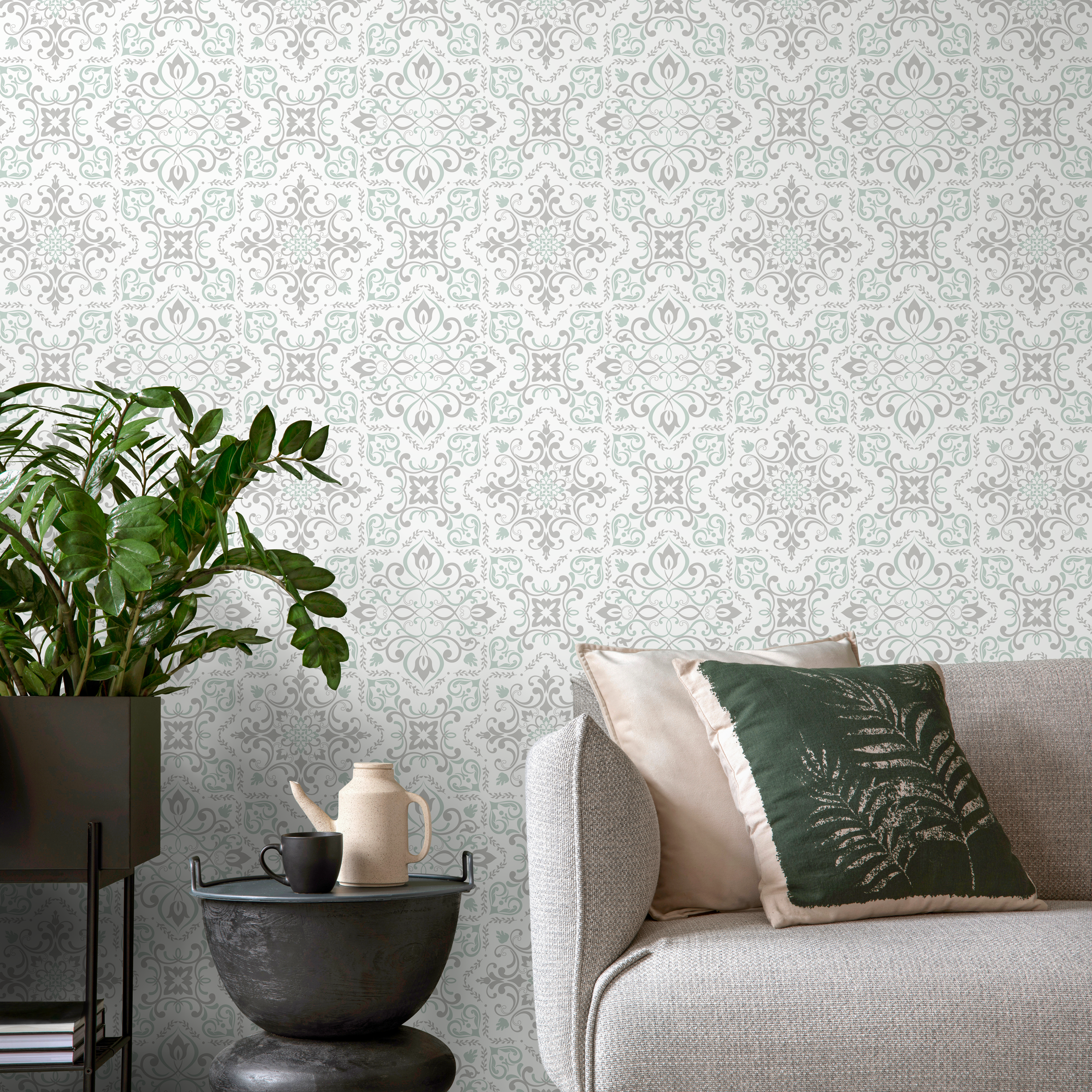 Tile Wallpaper With An Ornate Damask Motif In Sage Green And Gray - B793