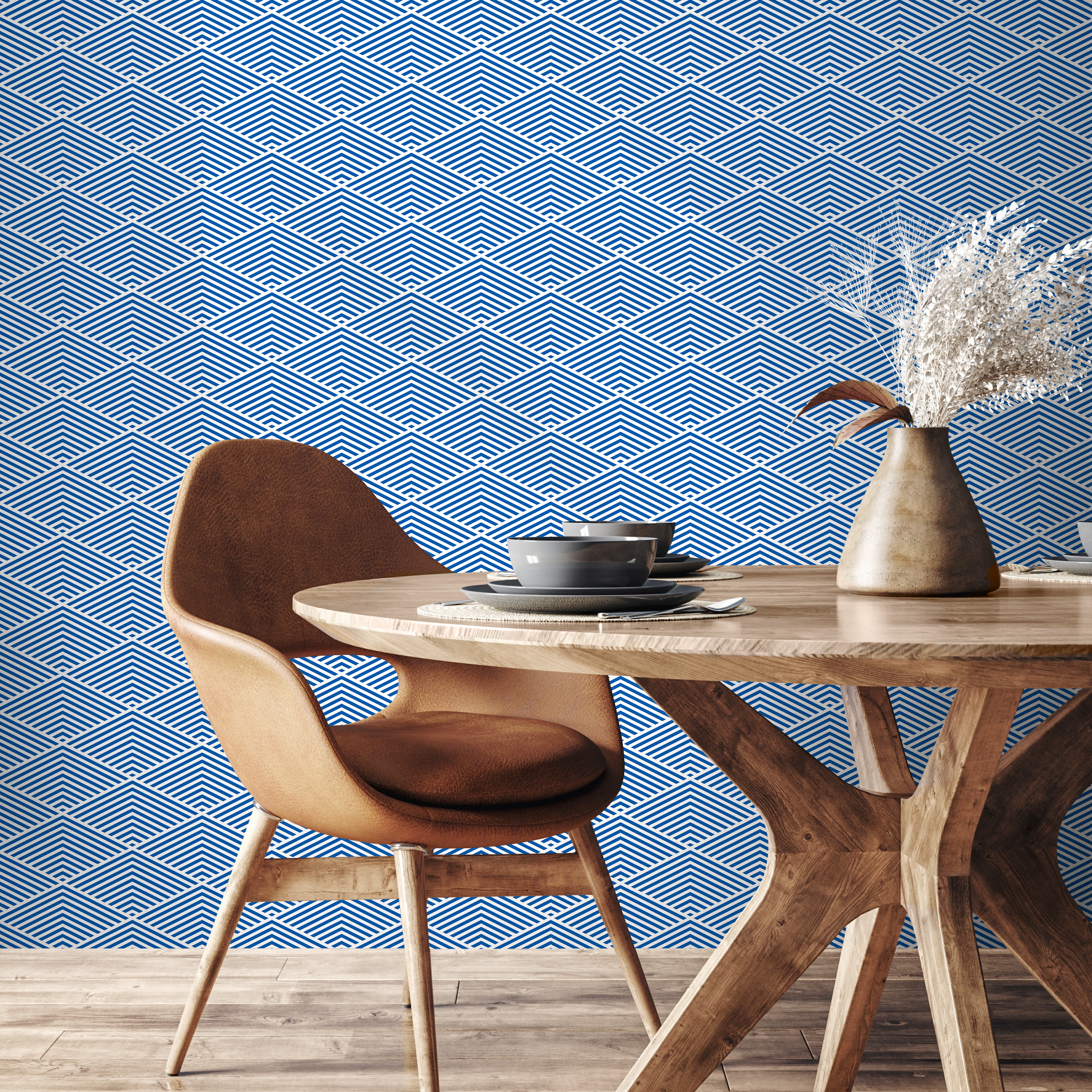 Geometric Wallpaper With A Layered Chevron Motif In Blue And White - B796