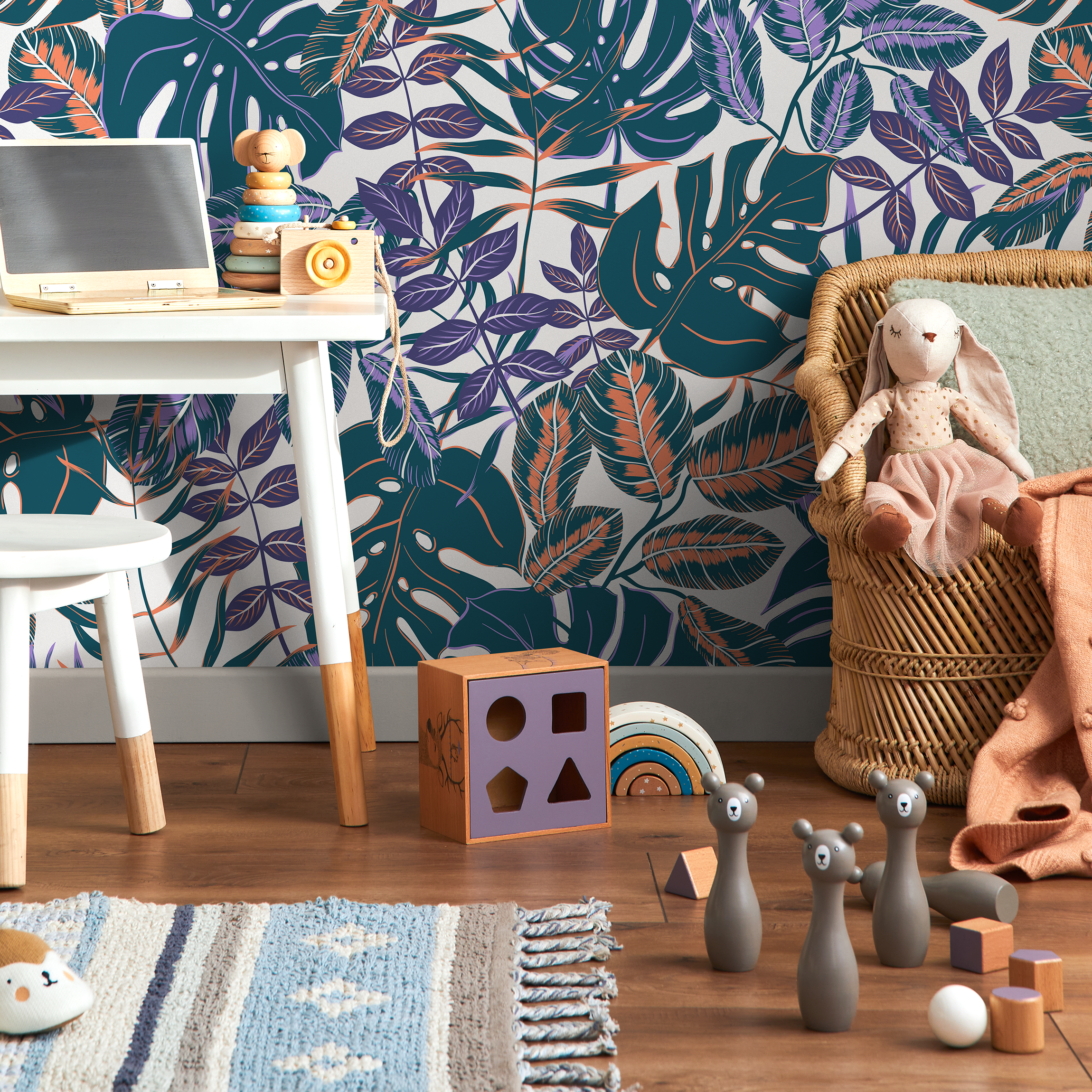 Tropical Wallpaper With Monstera Leaves In Teal, Purple, And Orange - B800