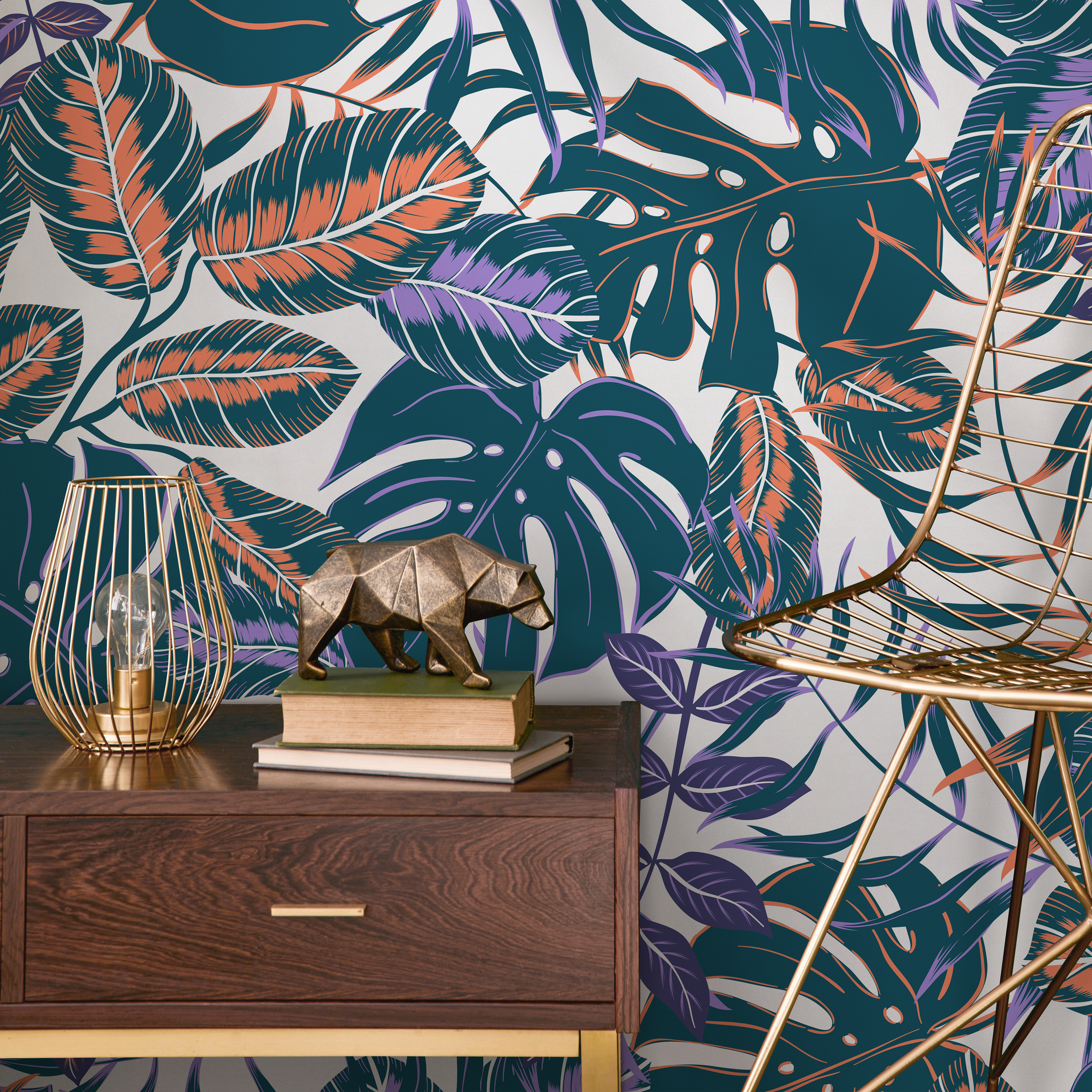Tropical Wallpaper With Monstera Leaves In Teal, Purple, And Orange - B800