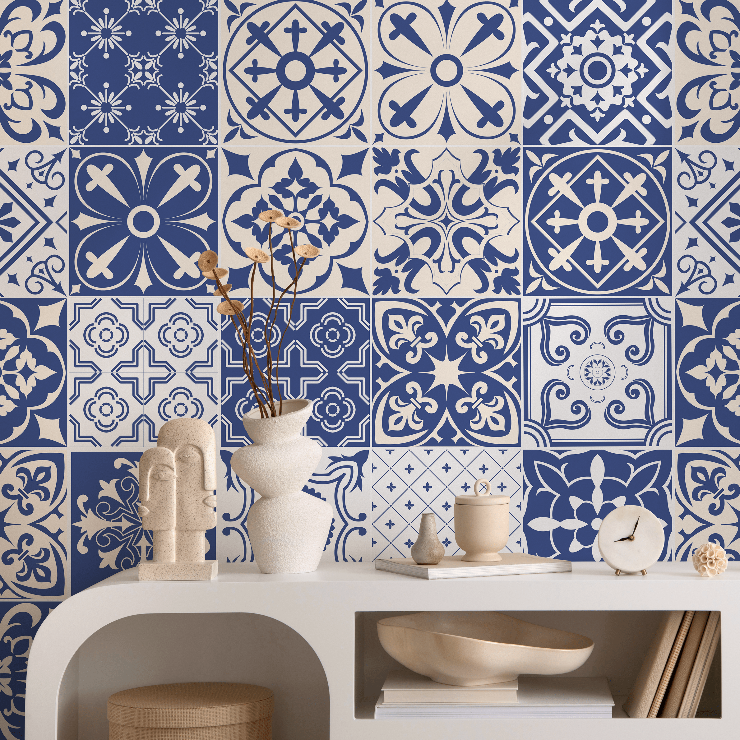 Tile Wallpaper With A Portuguese Azulejo Motif In Blue And White - B801