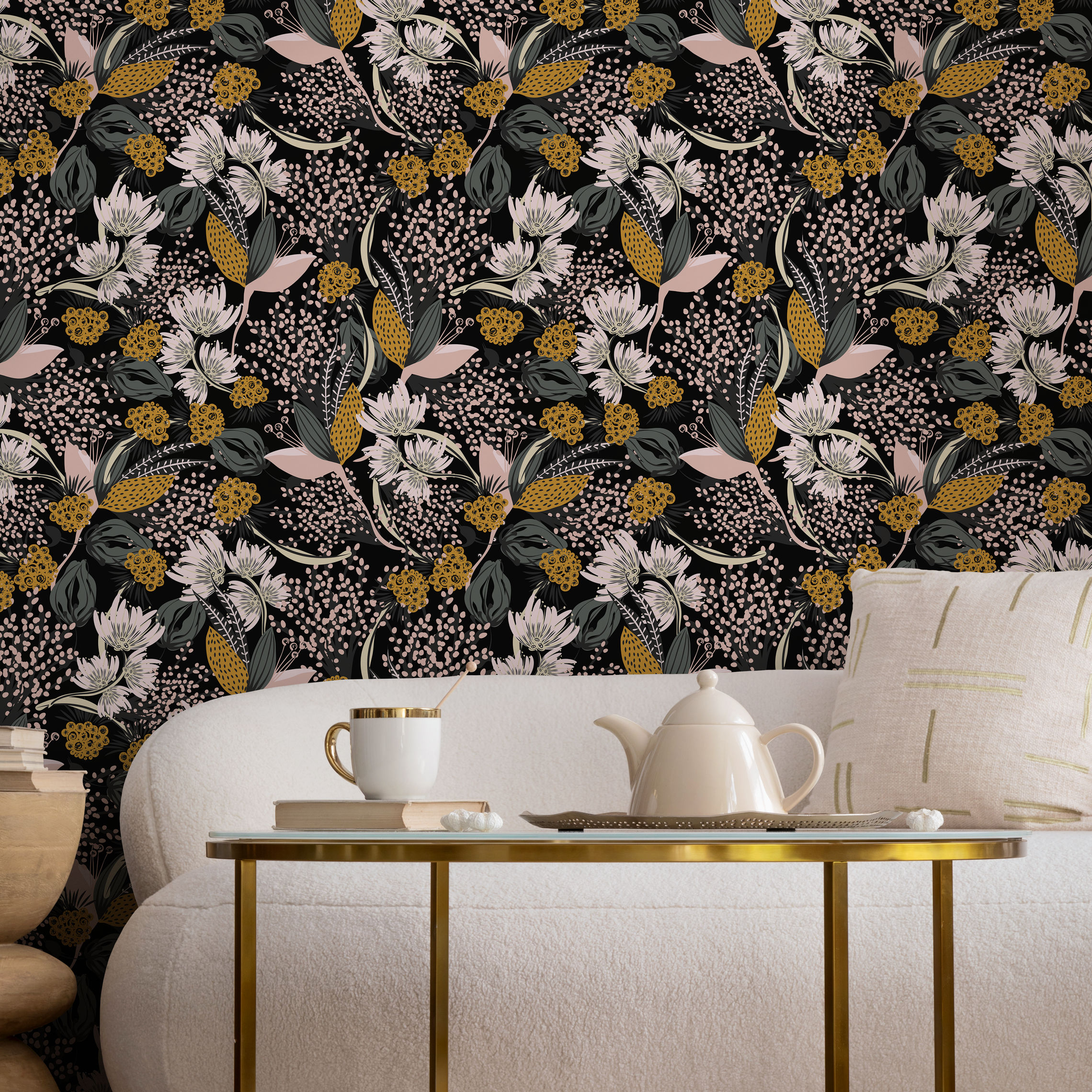 Botanical Wallpaper With Stylized Wildflowers In Yellow, Green, And Pink - B807