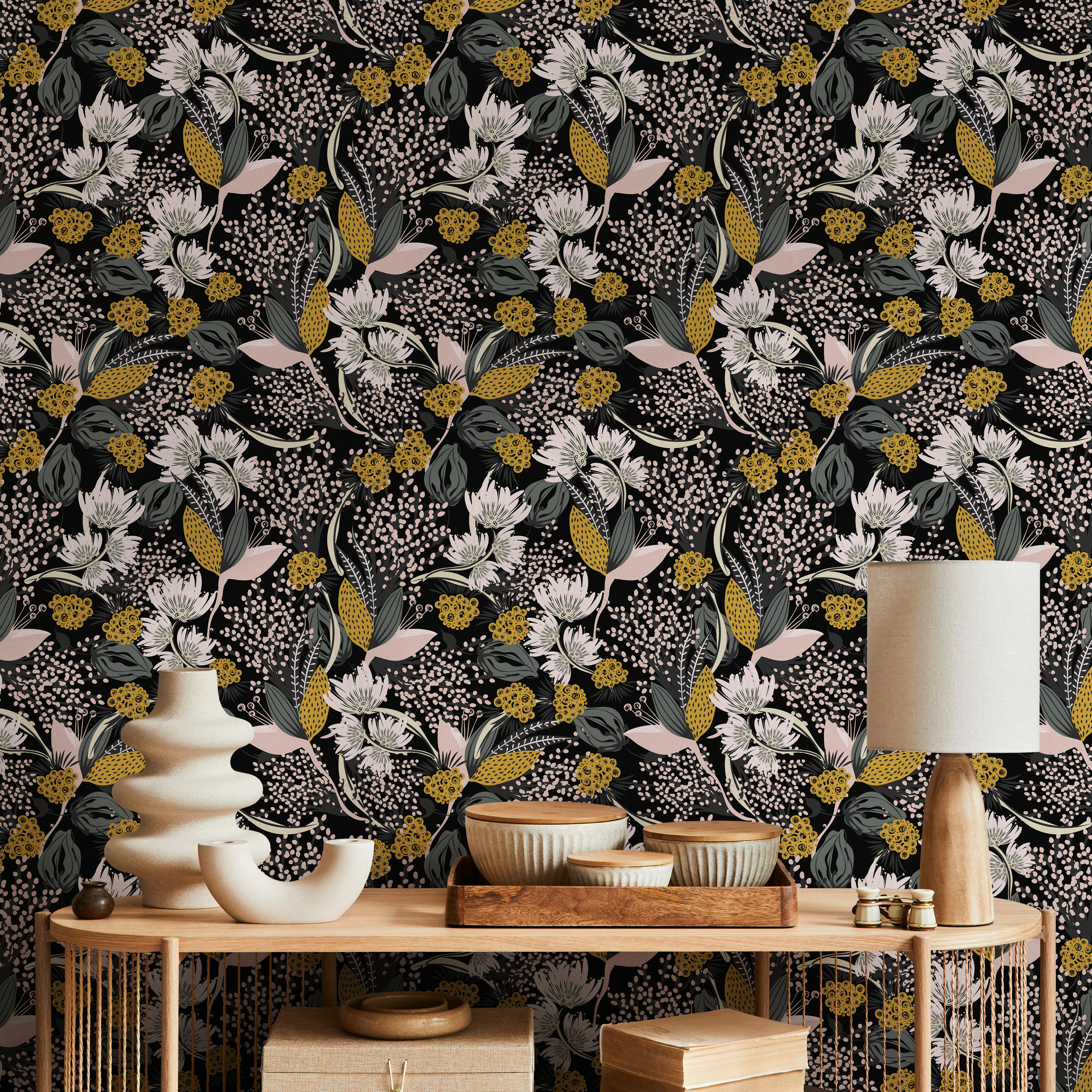 Botanical Wallpaper With Stylized Wildflowers In Yellow, Green, And Pink - B807