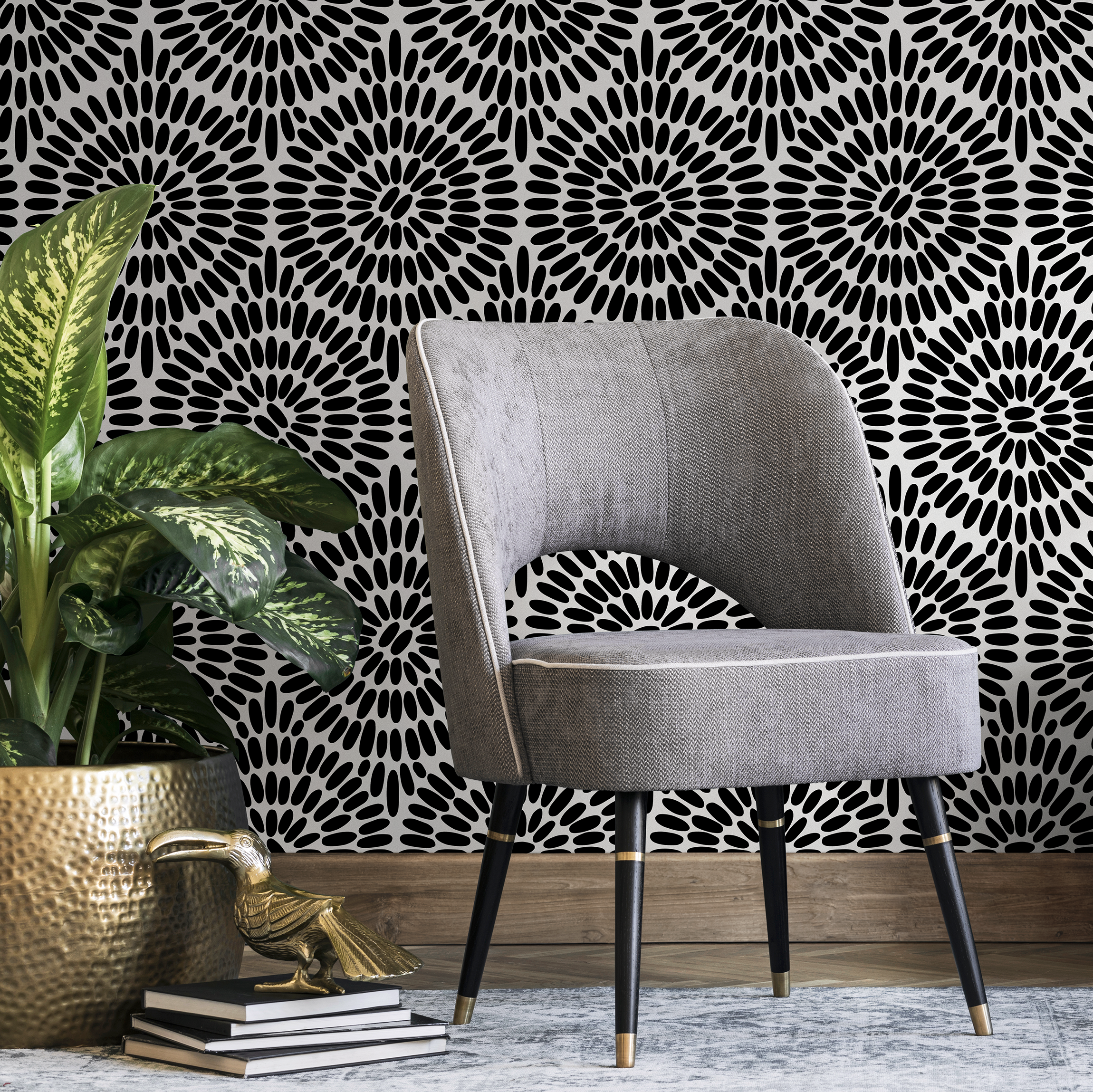 Abstract Wallpaper With A Radiating Oval Motif In Black And White - B811