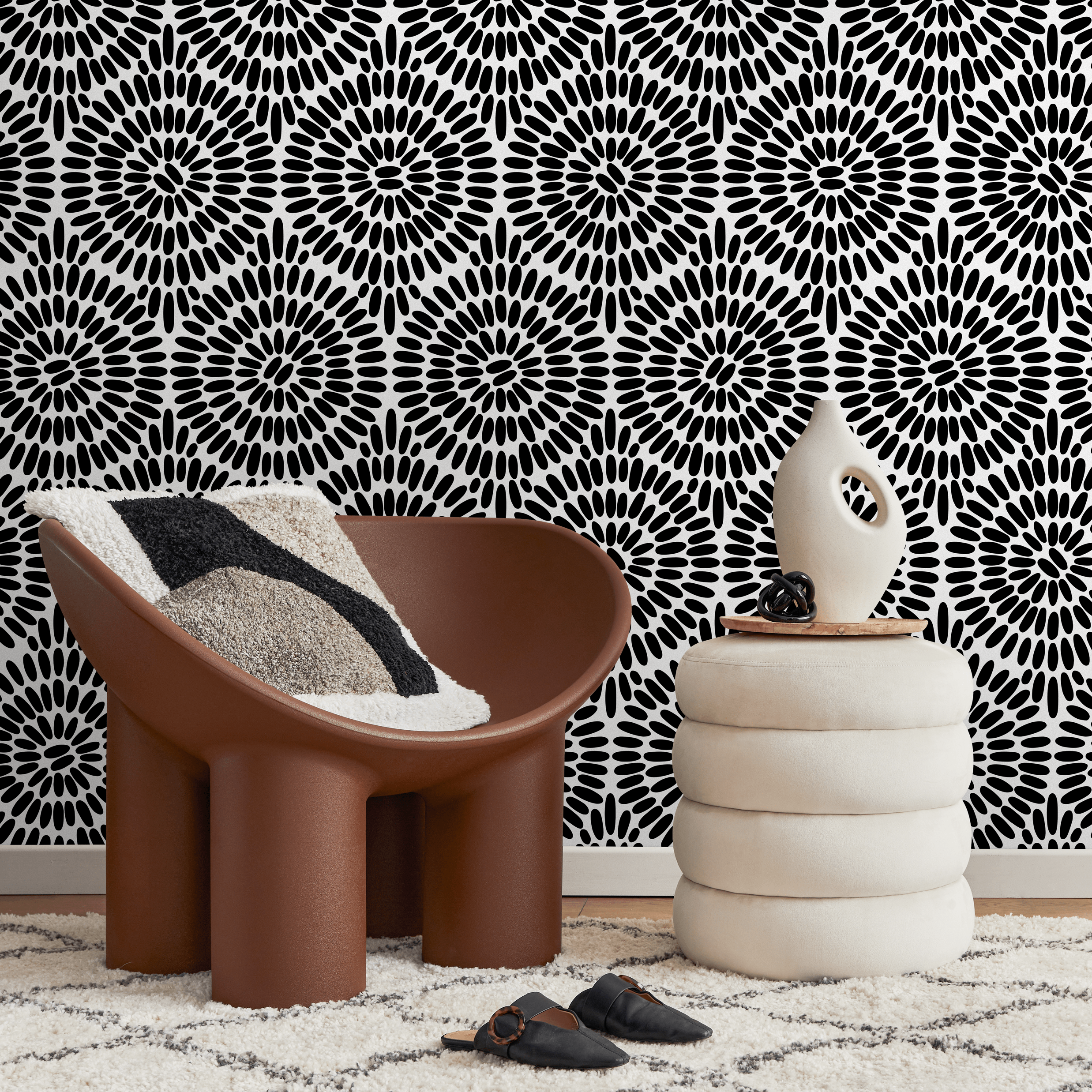 Abstract Wallpaper With A Radiating Oval Motif In Black And White - B811