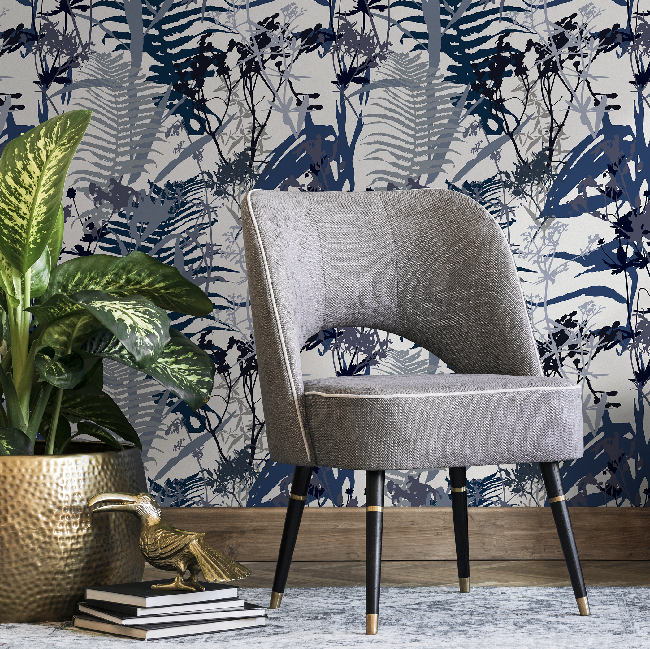 Botanical Wallpaper With Fern Silhouettes In Blue, Gray, And Black - B814