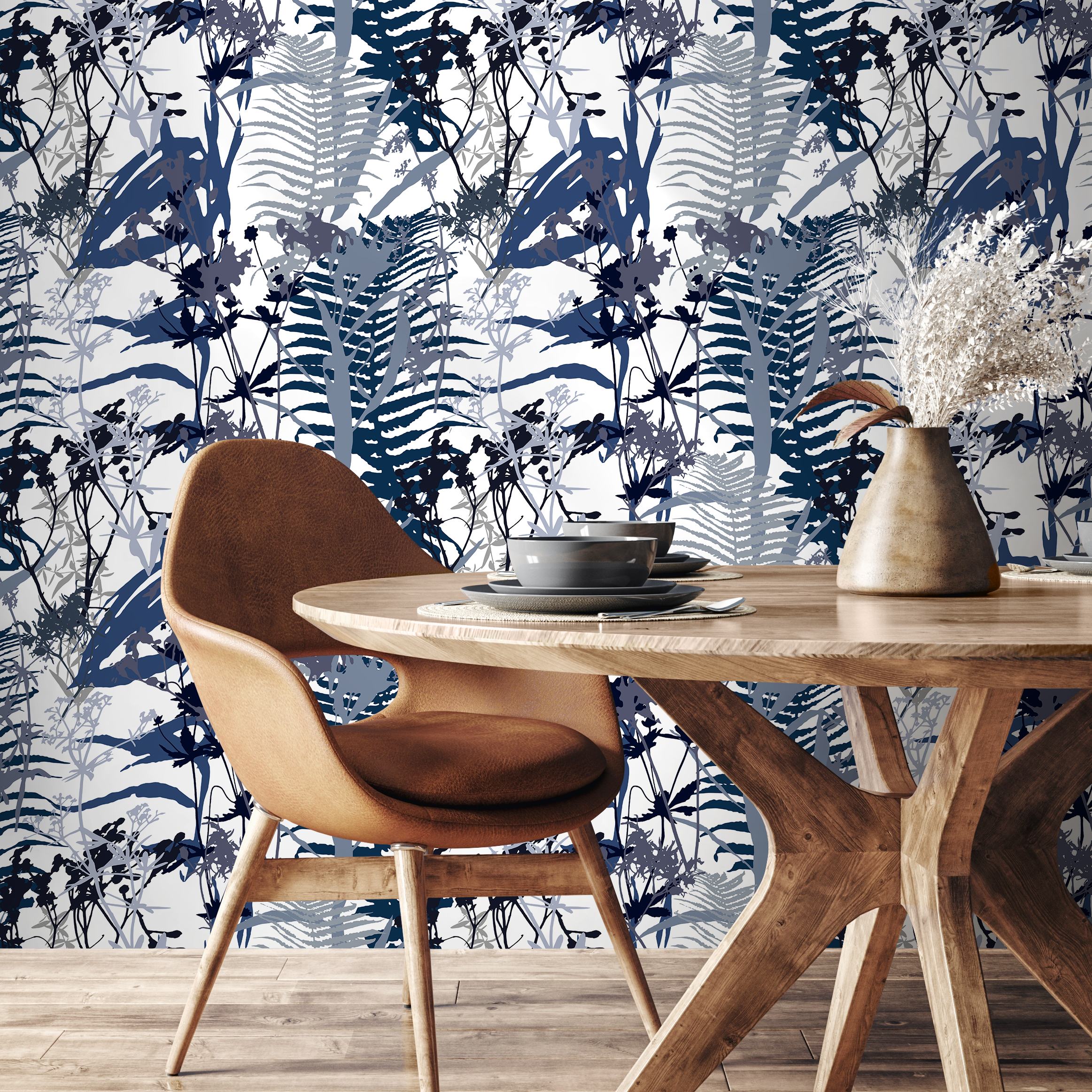 Botanical Wallpaper With Fern Silhouettes In Blue, Gray, And Black - B814