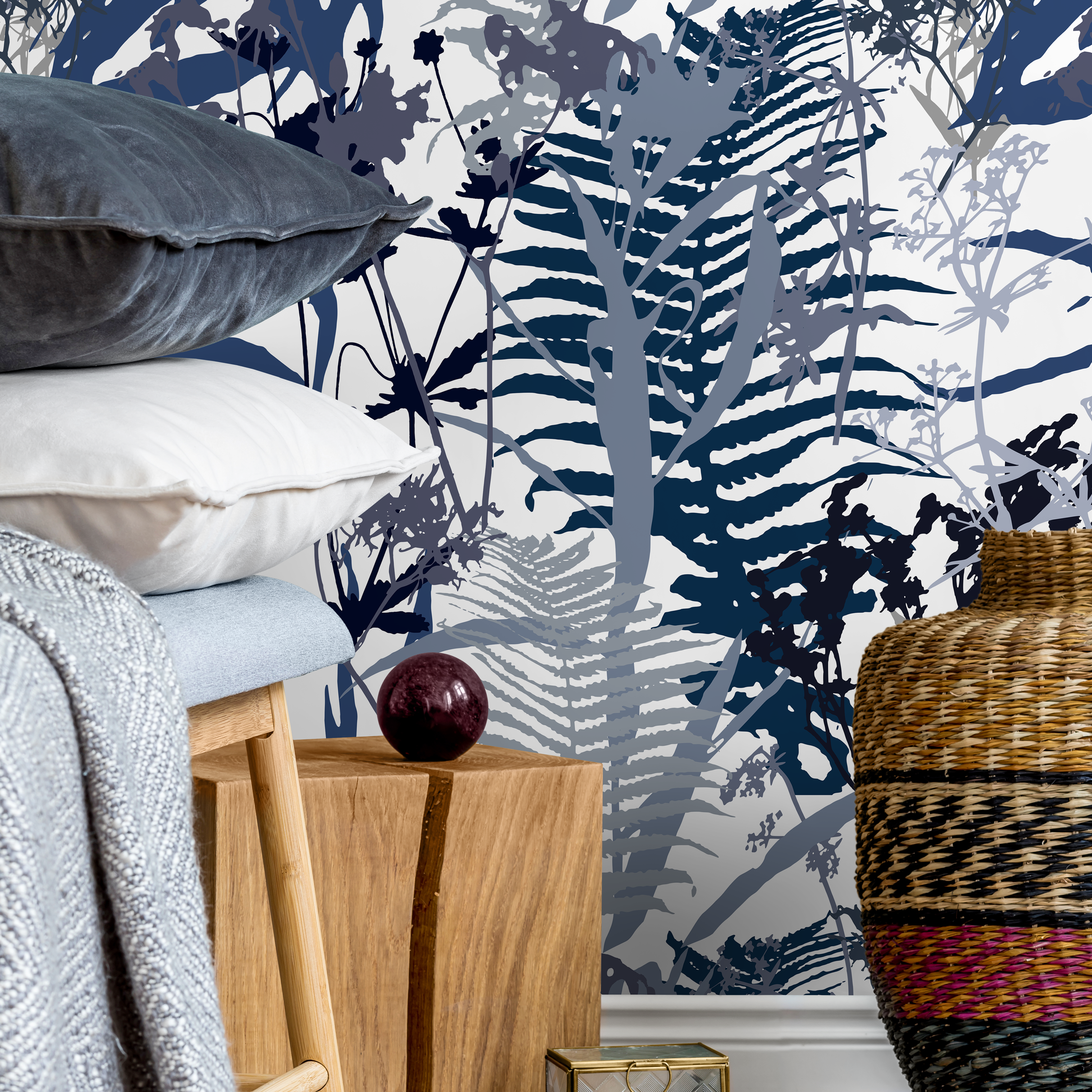 Botanical Wallpaper With Fern Silhouettes In Blue, Gray, And Black - B814