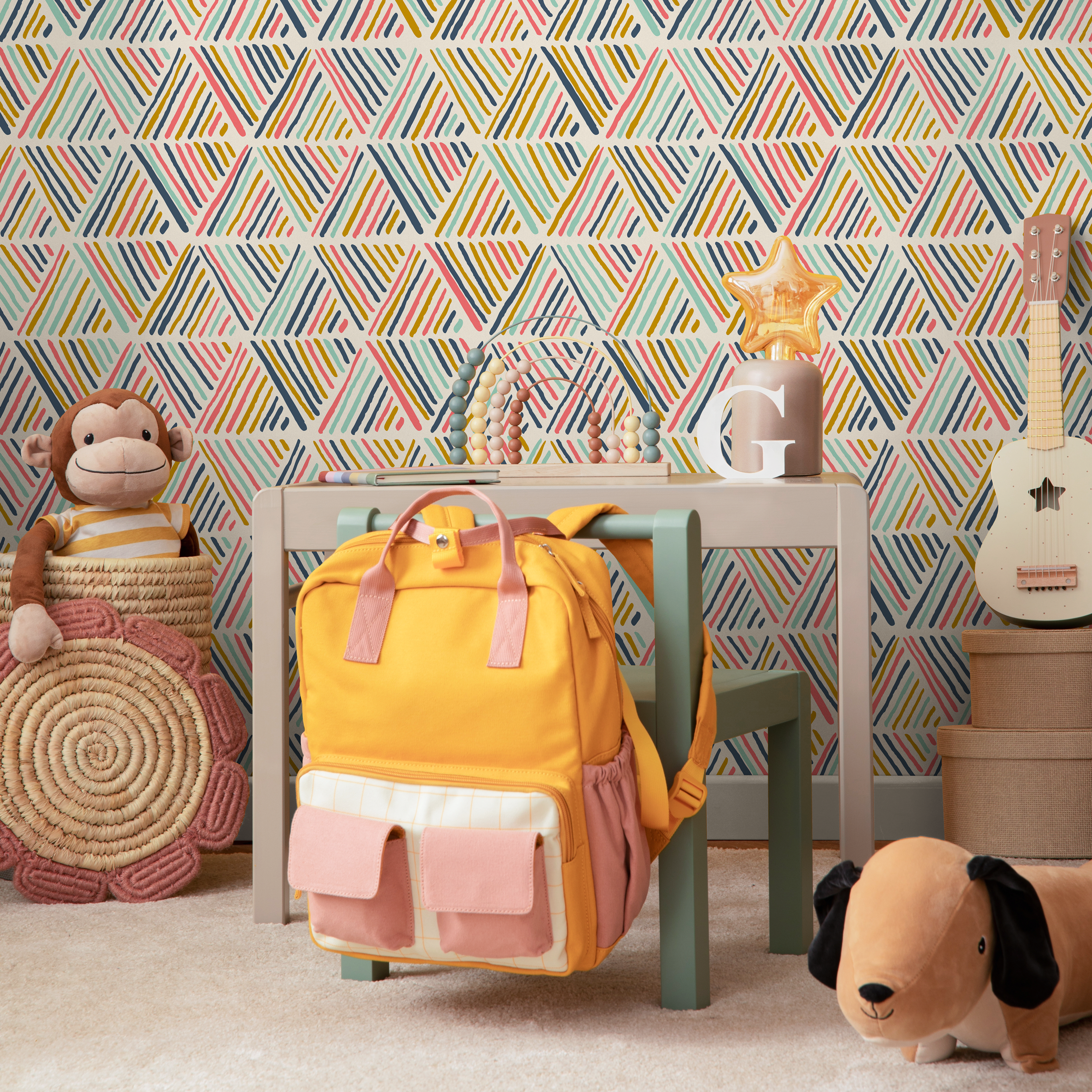 Geometric Wallpaper With Abstract Striped Triangles In Pink, Blue, And Yellow - B816