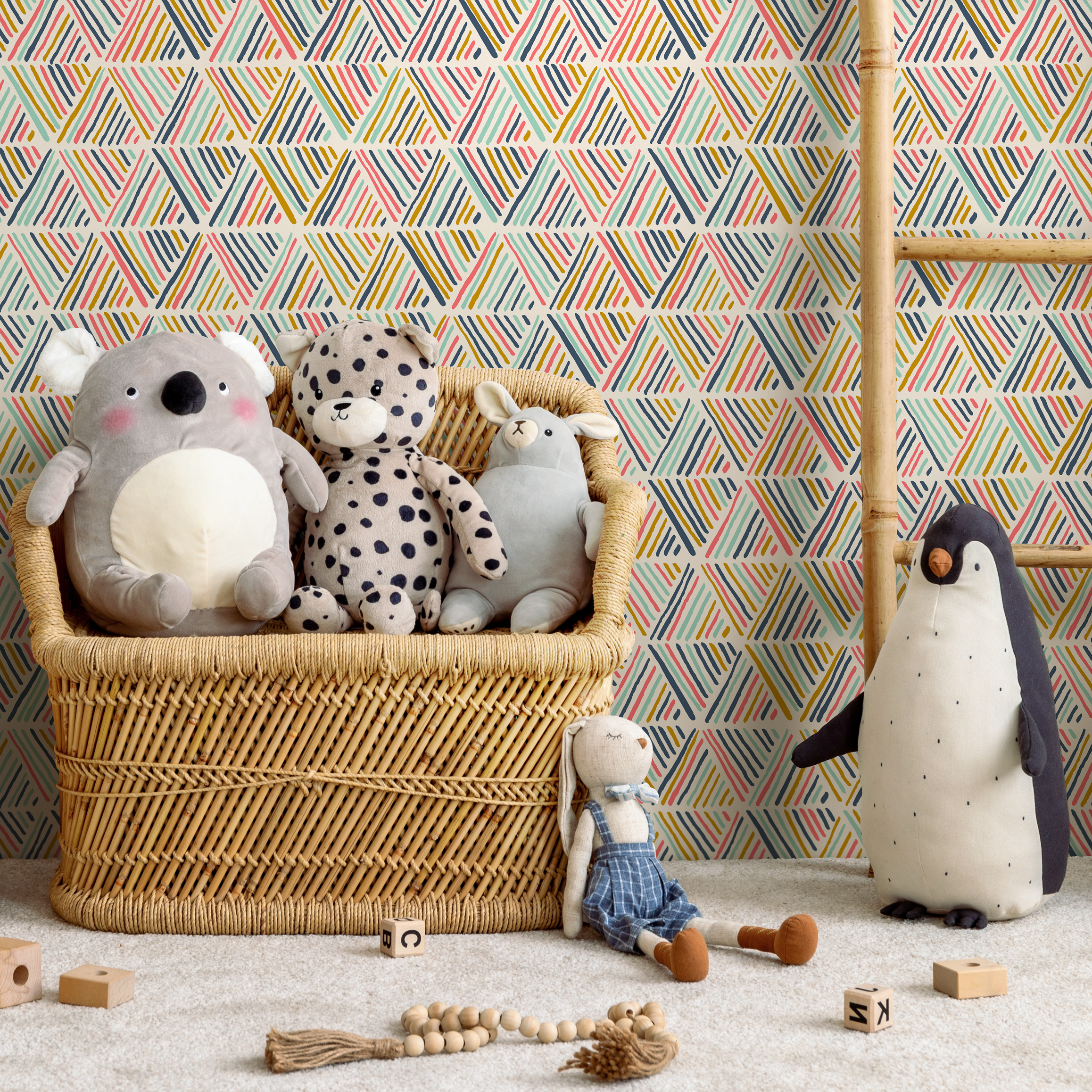 Geometric Wallpaper With Abstract Striped Triangles In Pink, Blue, And Yellow - B816