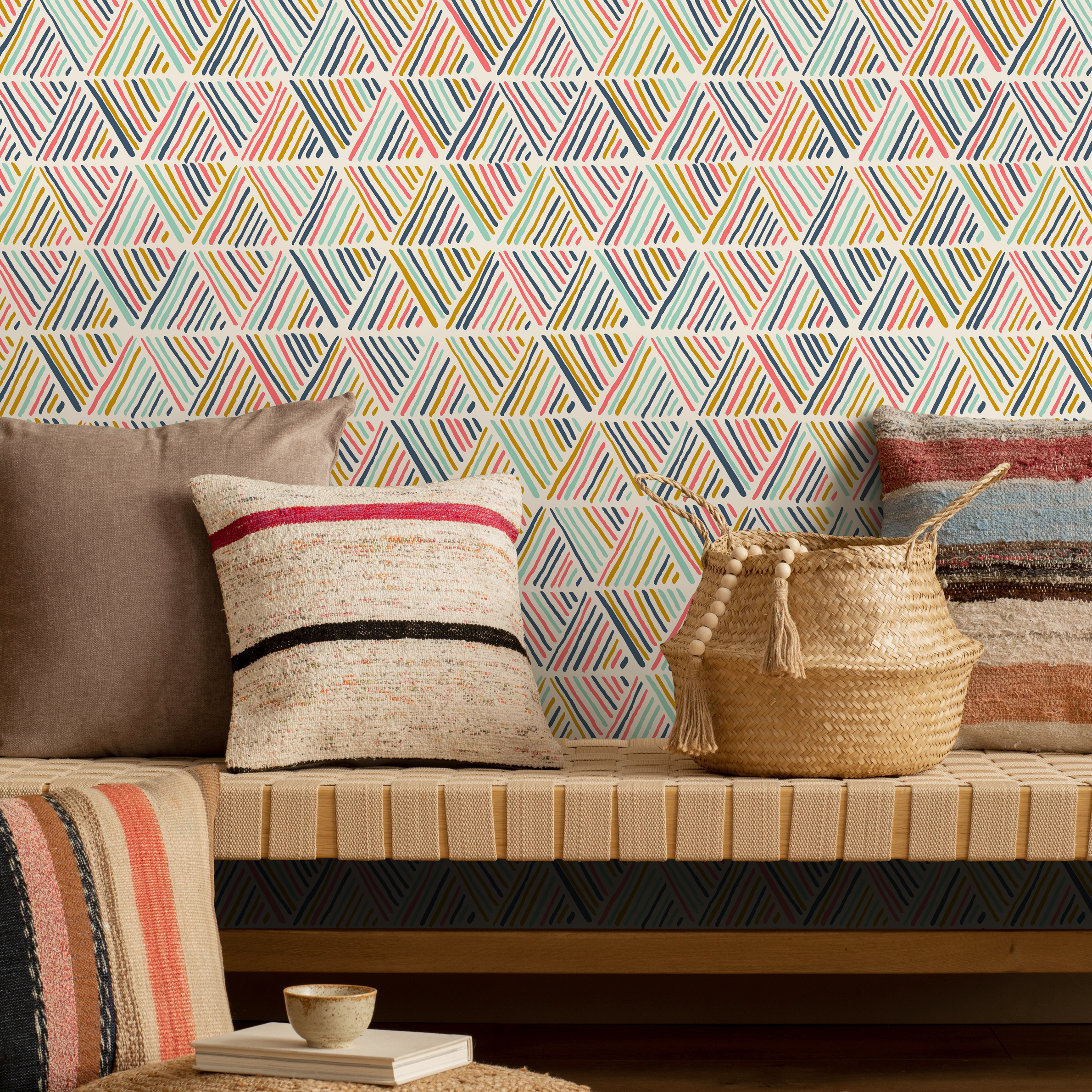 Geometric Wallpaper With Abstract Striped Triangles In Pink, Blue, And Yellow - B816