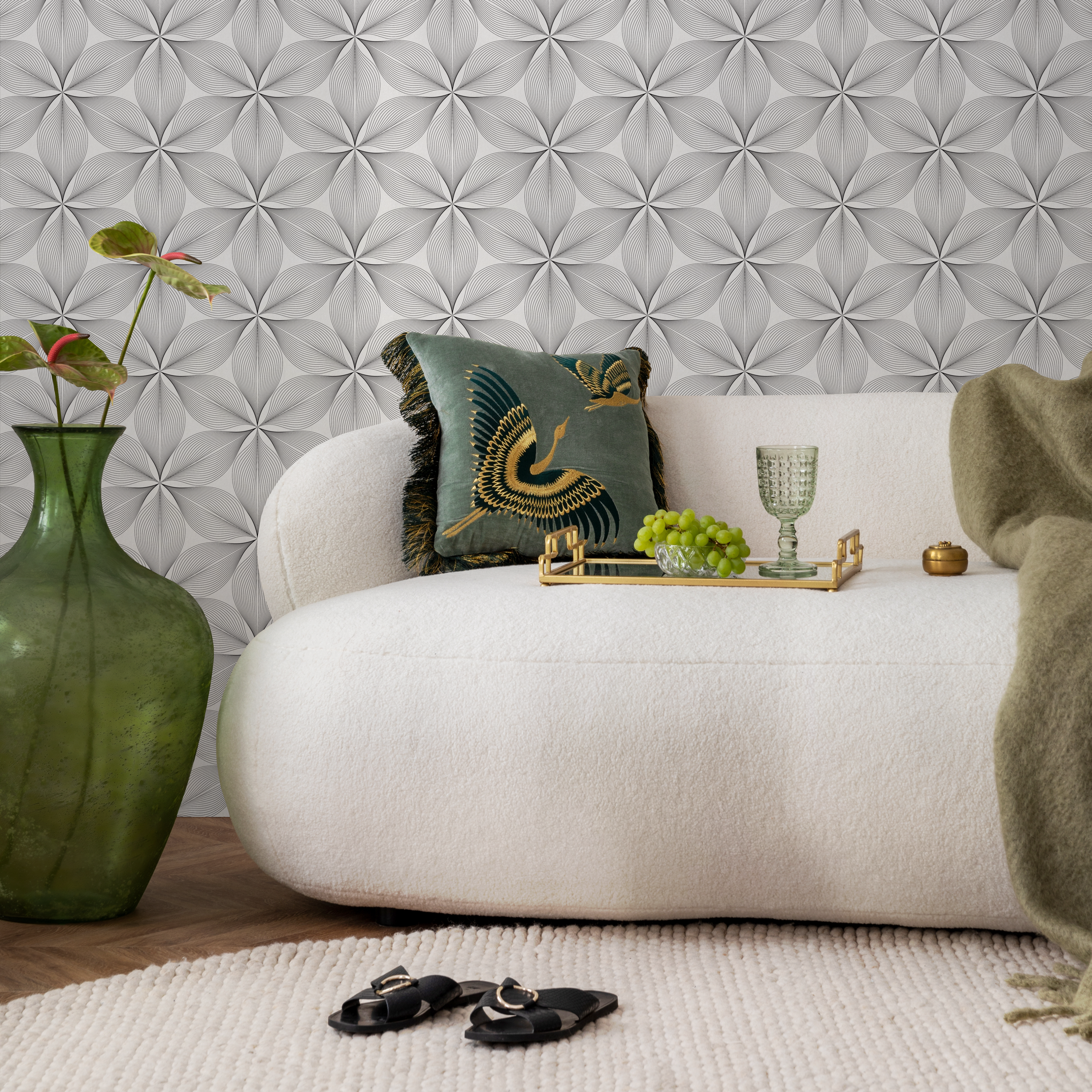 Geometric Wallpaper With A Linear Floral Motif In Black And Gray - B818