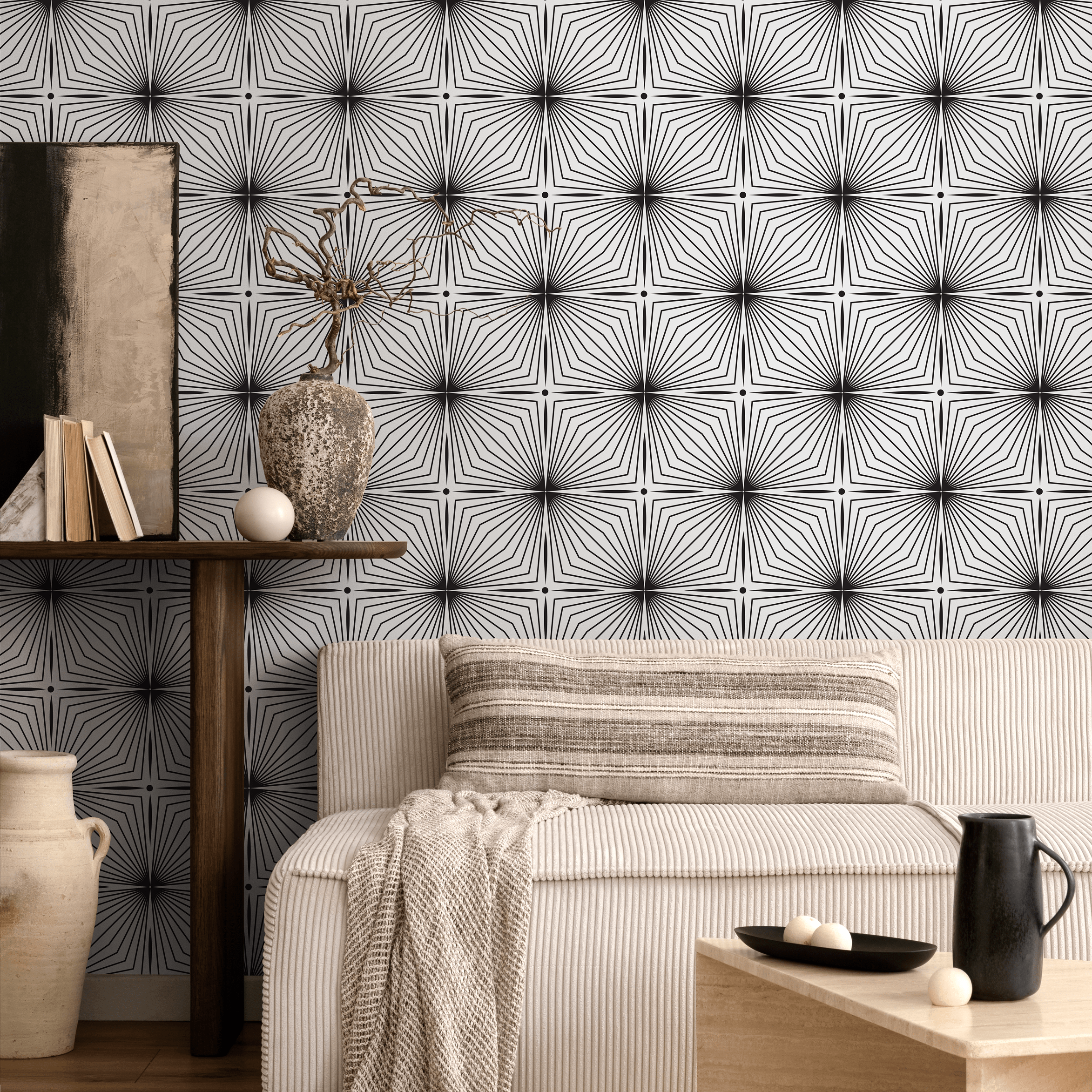 Geometric Wallpaper With A Radiating Starburst Motif In Black And White - B821