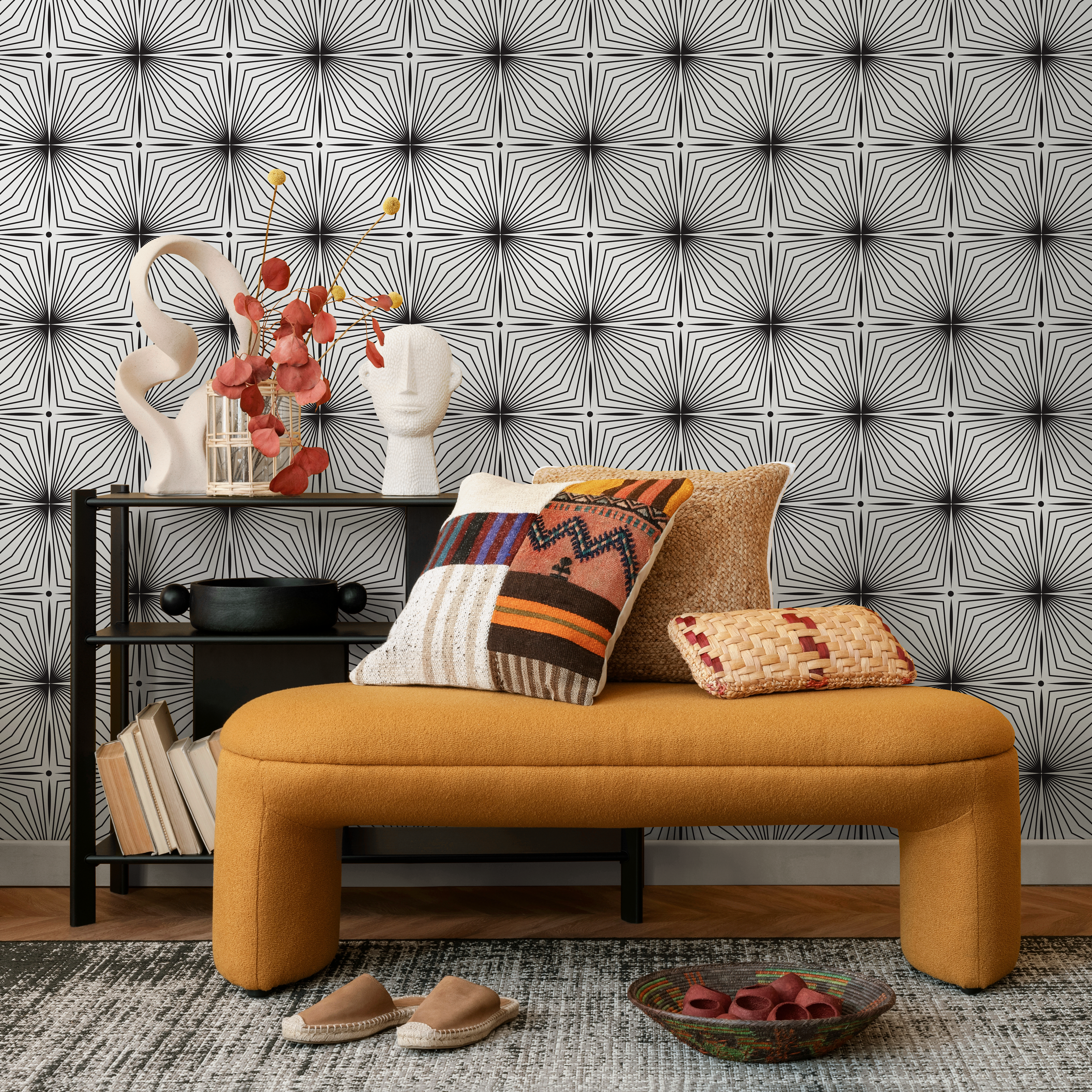 Geometric Wallpaper With A Radiating Starburst Motif In Black And White - B821