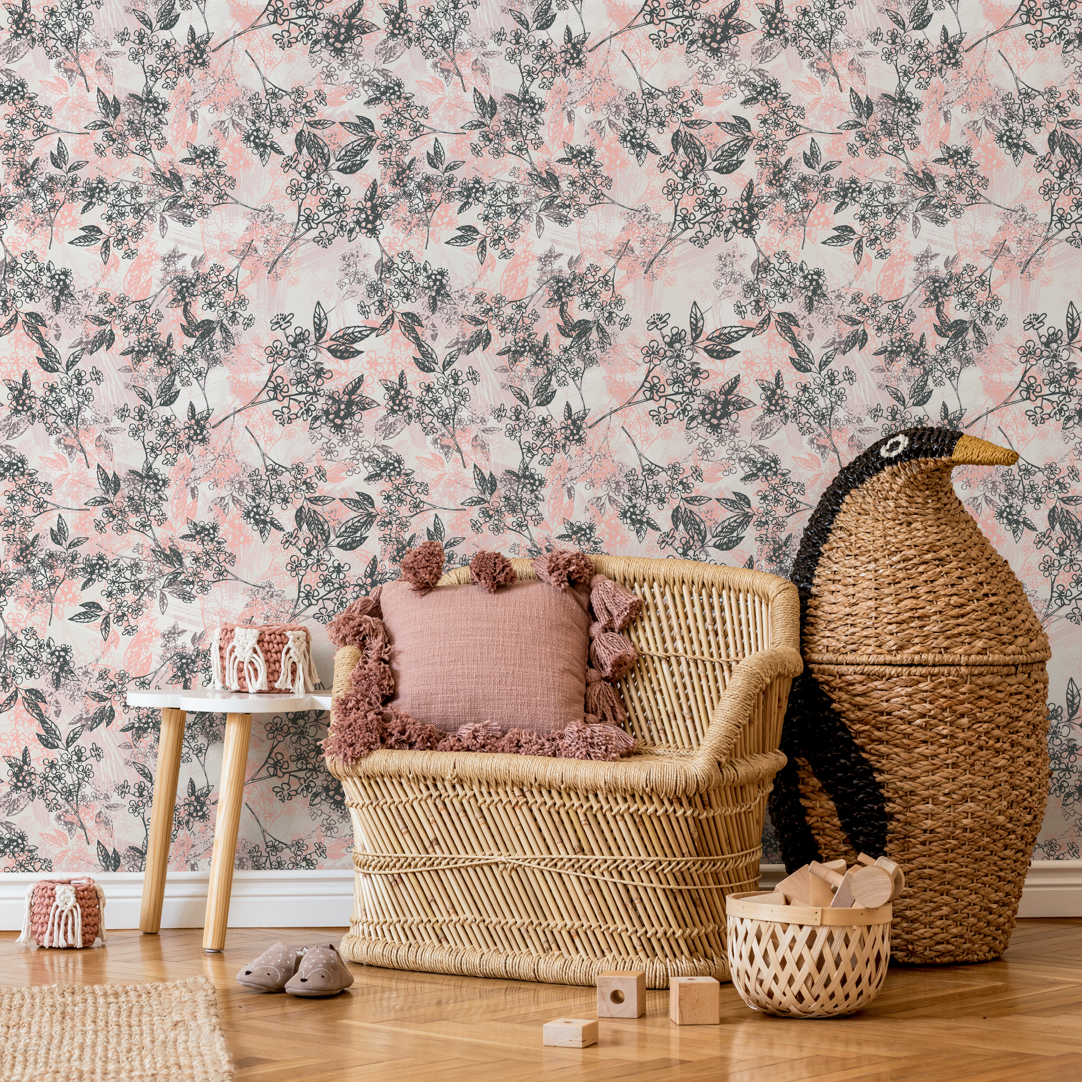 Floral Wallpaper With Sketchy Blossoming Branches In Pink And Gray - B825