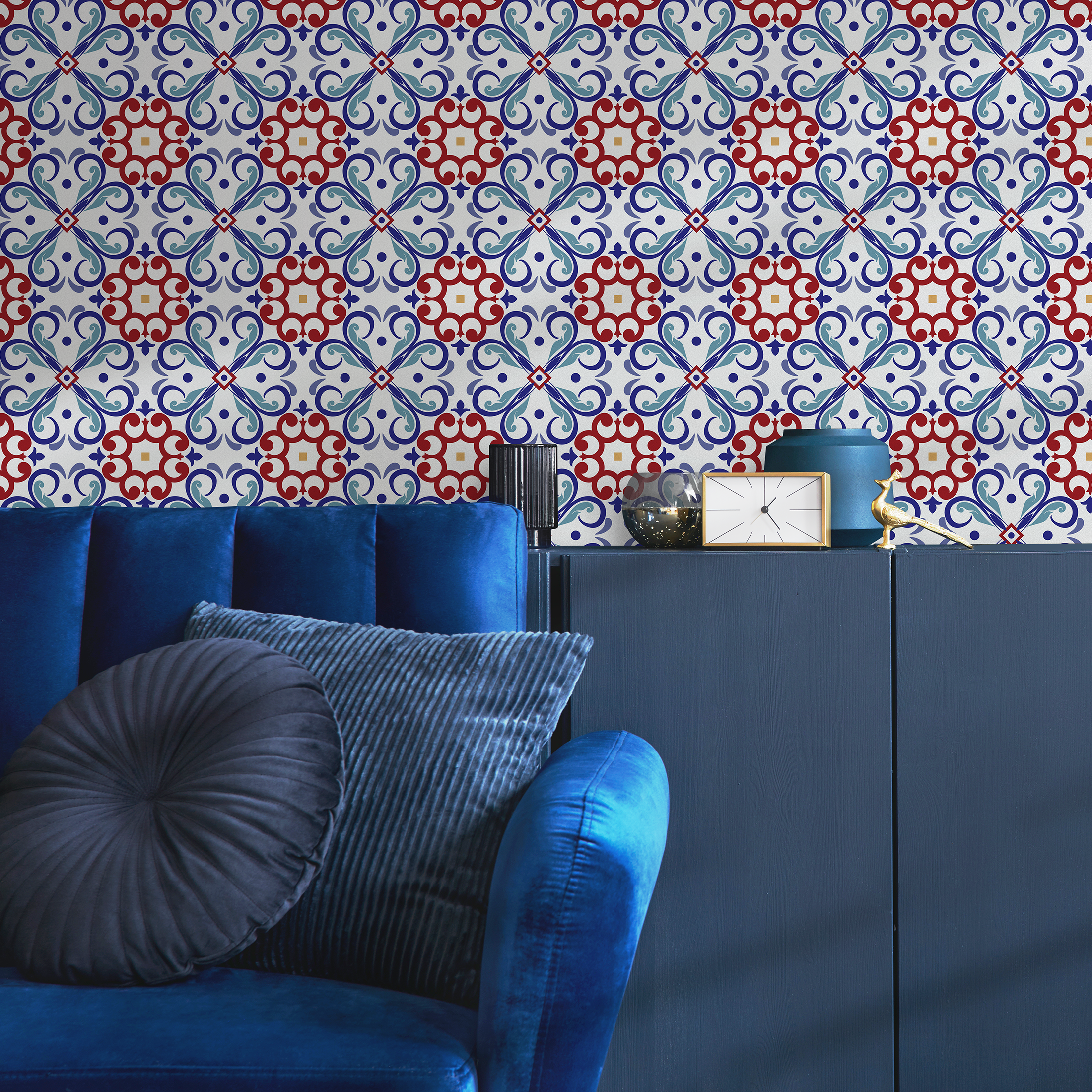Tile Wallpaper With A Mediterranean Inspired Motif In Red, Blue, And Yellow - B827
