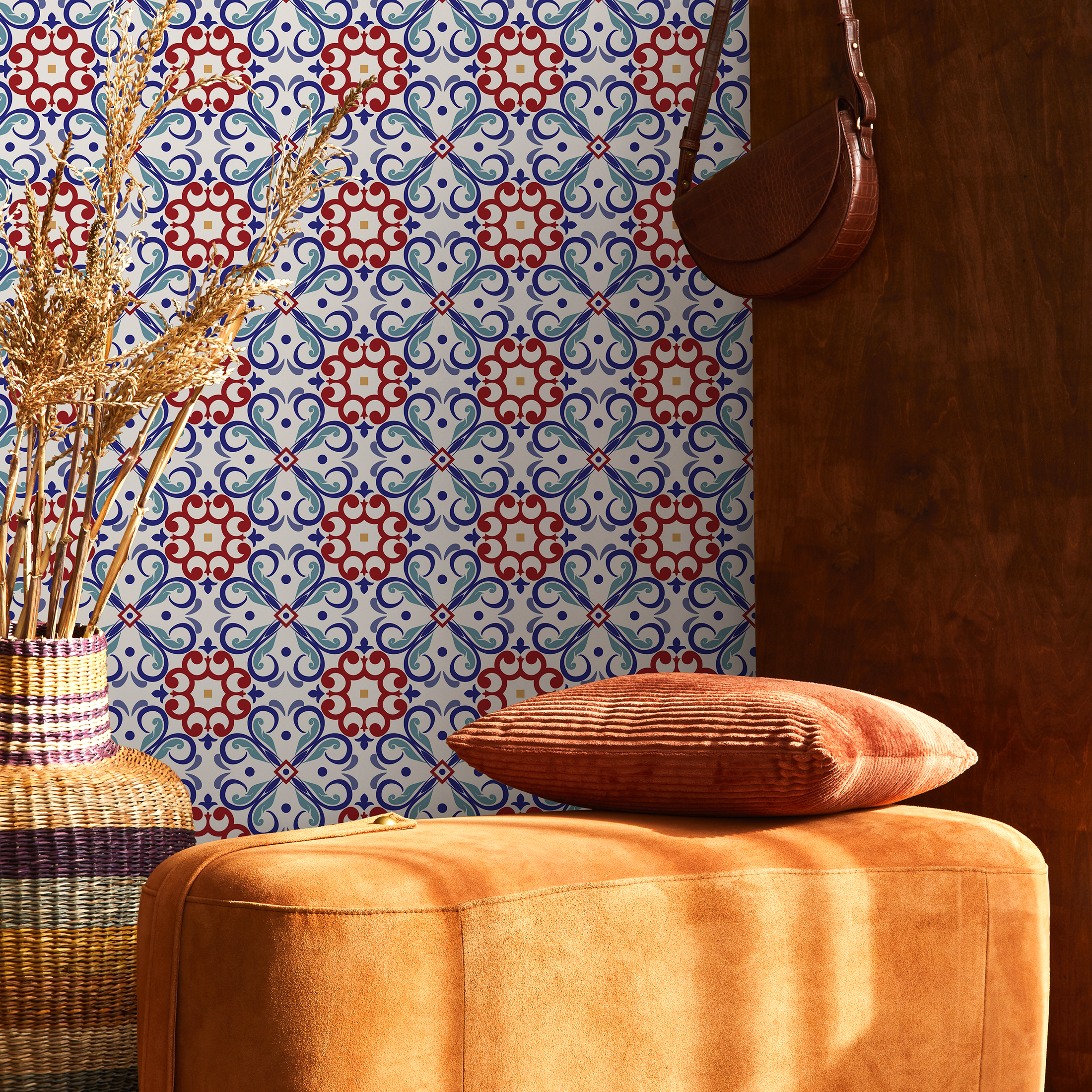 Tile Wallpaper With A Mediterranean Inspired Motif In Red, Blue, And Yellow - B827