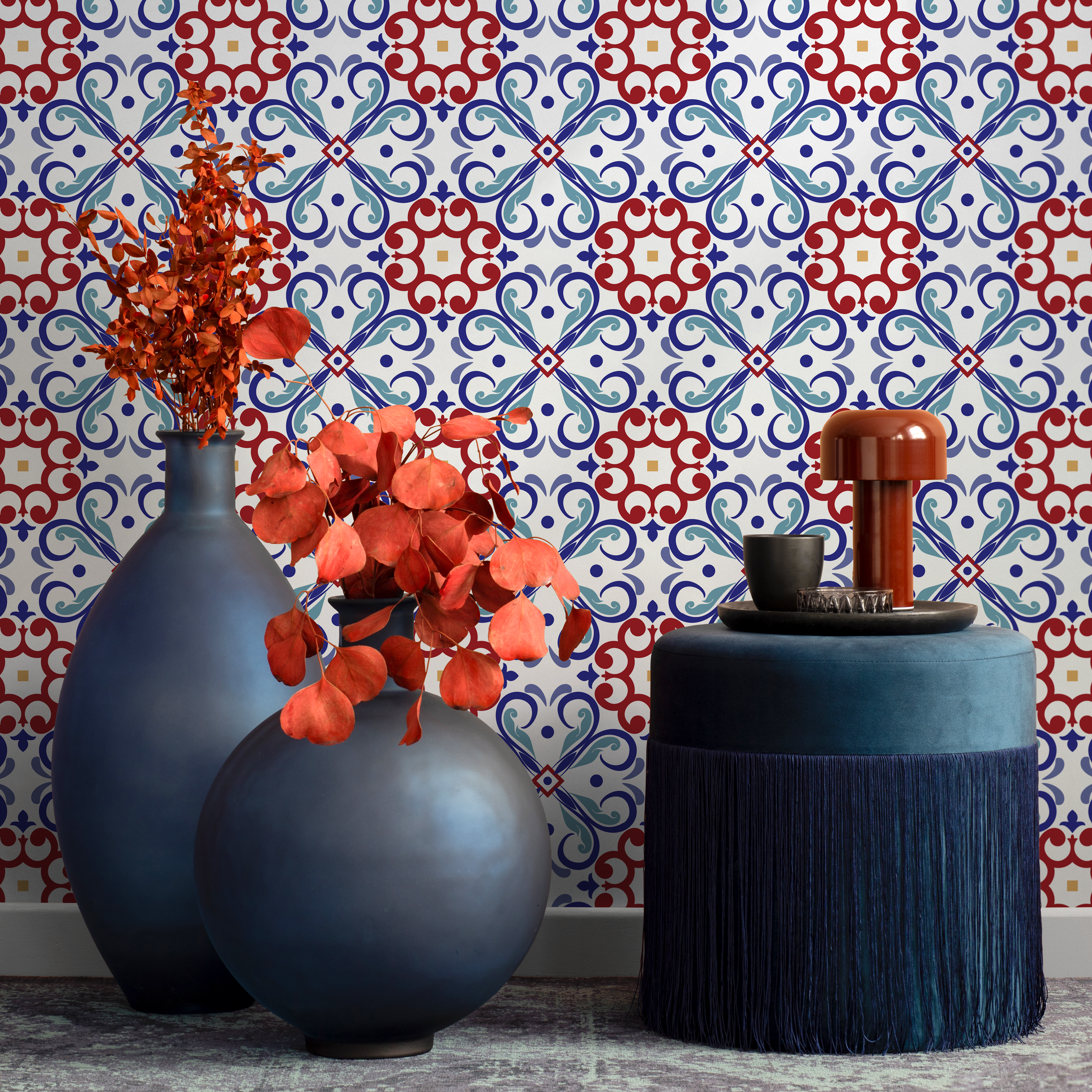 Tile Wallpaper With A Mediterranean Inspired Motif In Red, Blue, And Yellow - B827