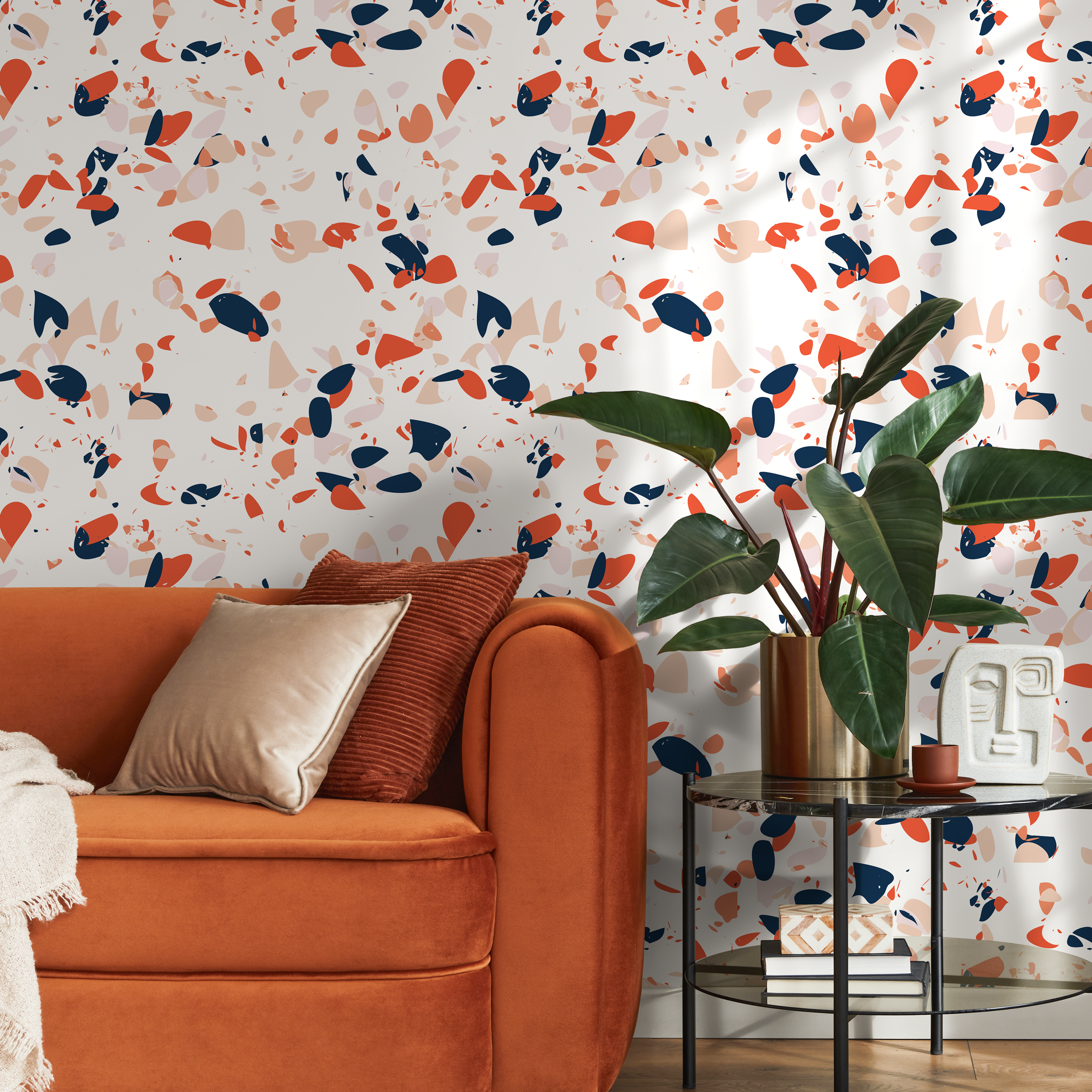 Terrazzo Wallpaper With Abstract Chips In Orange, Blue, And Pink - B828