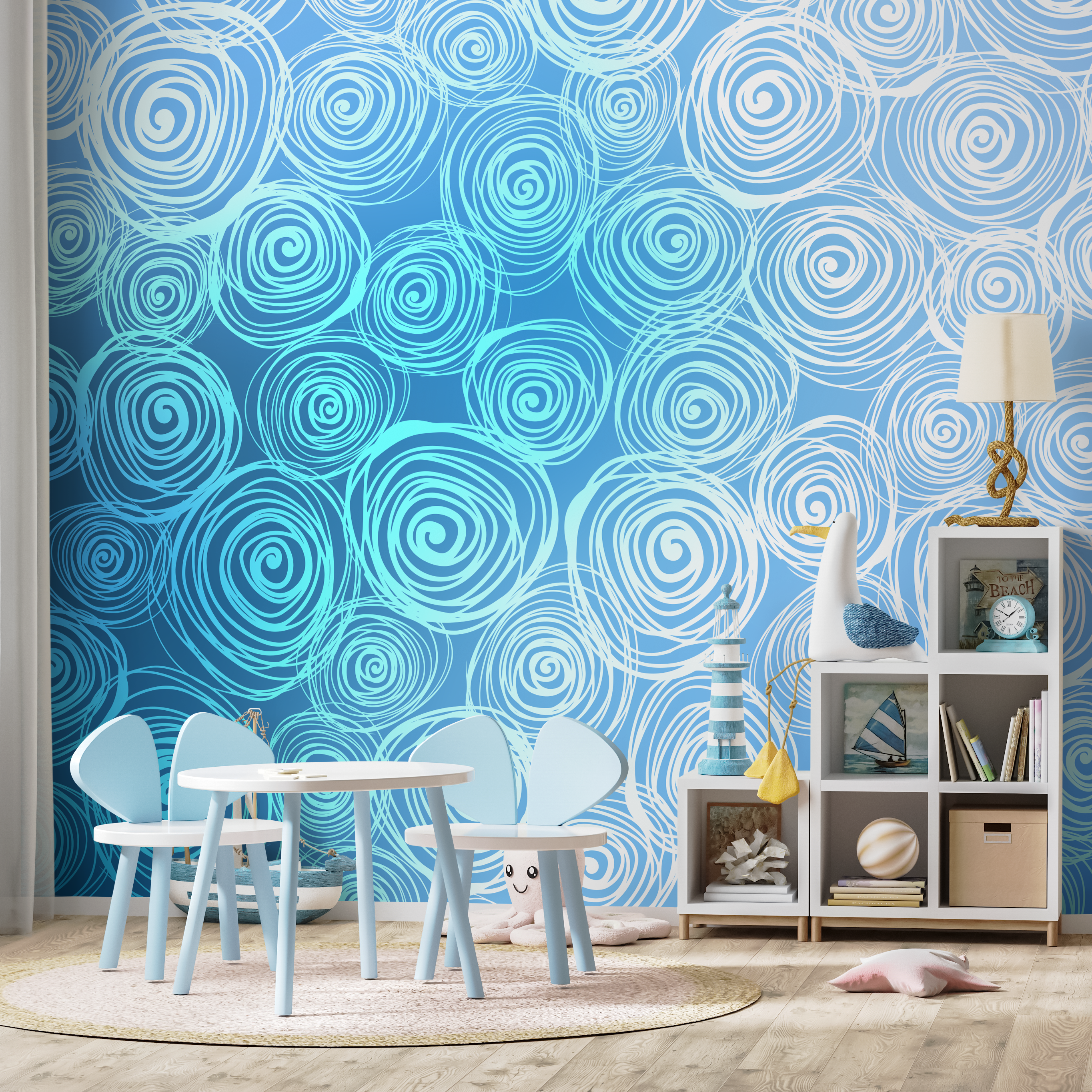 Abstract Wallpaper With Hand-drawn Swirls In Blue And White - B829