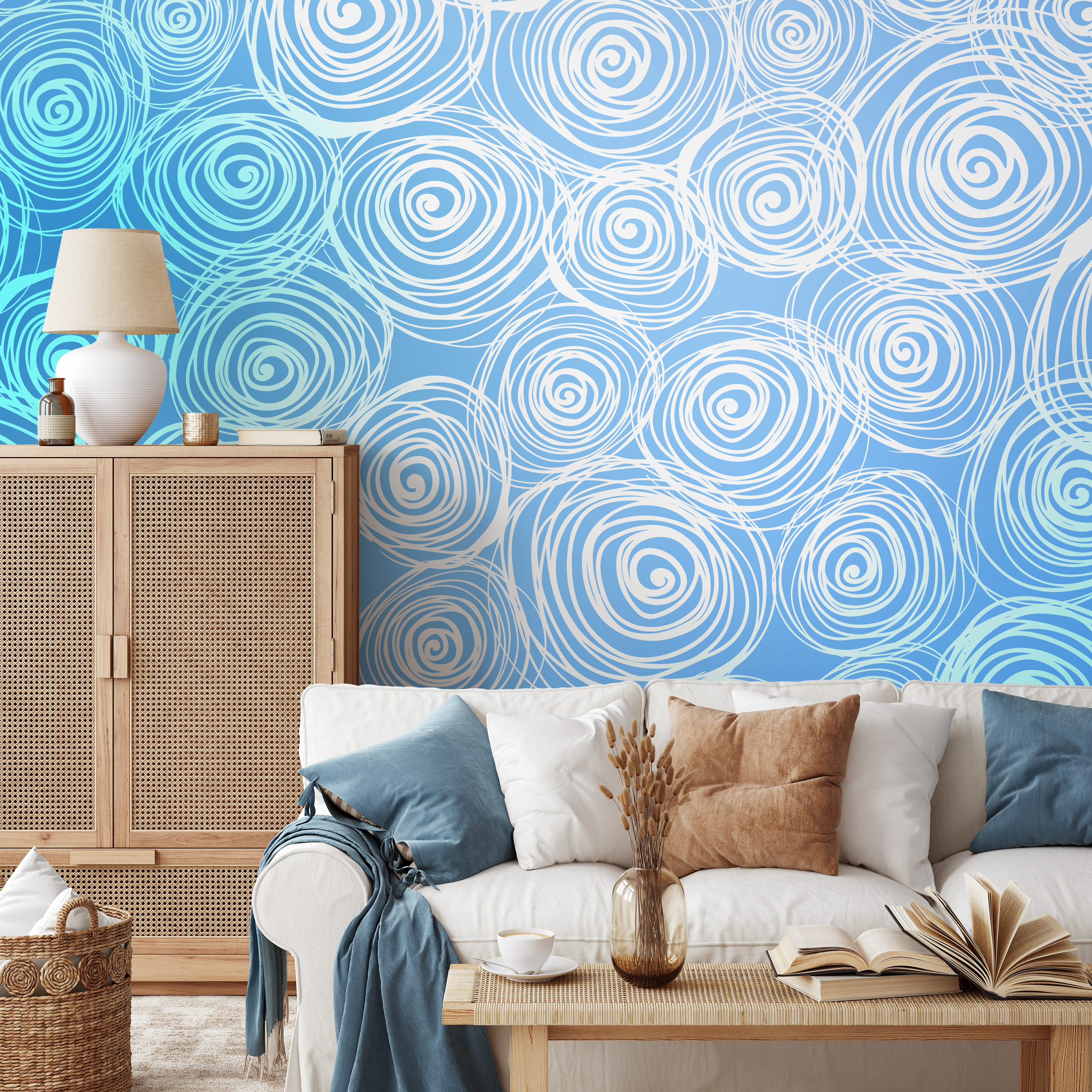 Abstract Wallpaper With Hand-drawn Swirls In Blue And White - B829
