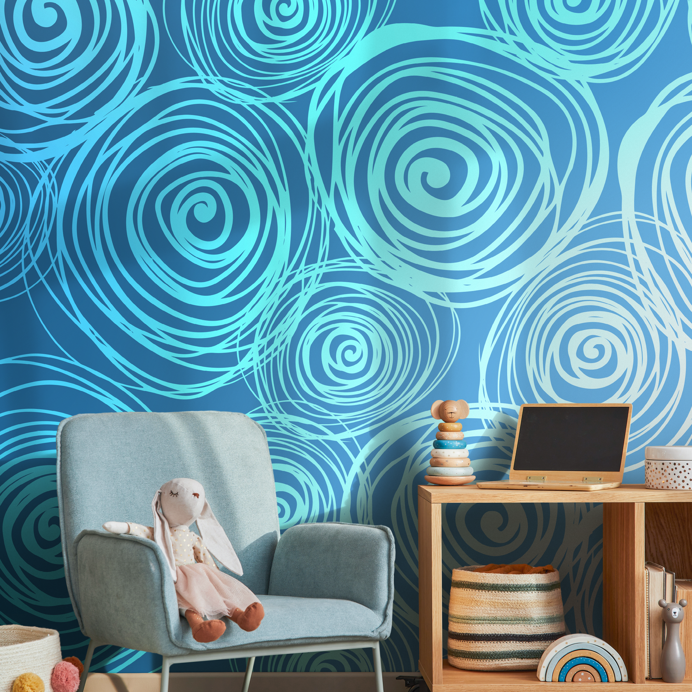 Abstract Wallpaper With Hand-drawn Swirls In Blue And White - B829