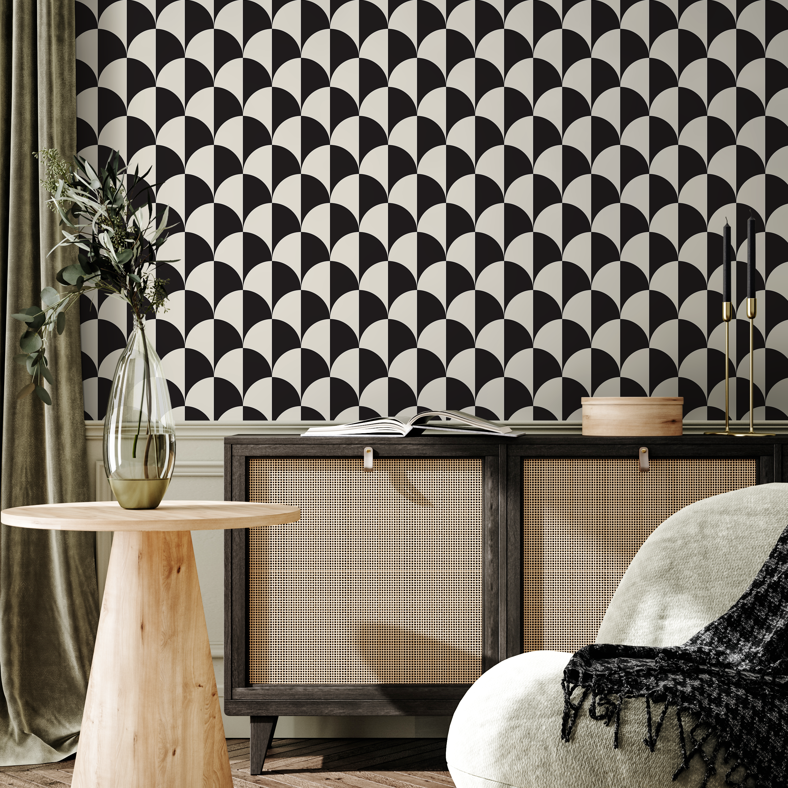 Geometric Wallpaper With A Repeating Half-moon Motif In Black And Cream - B830
