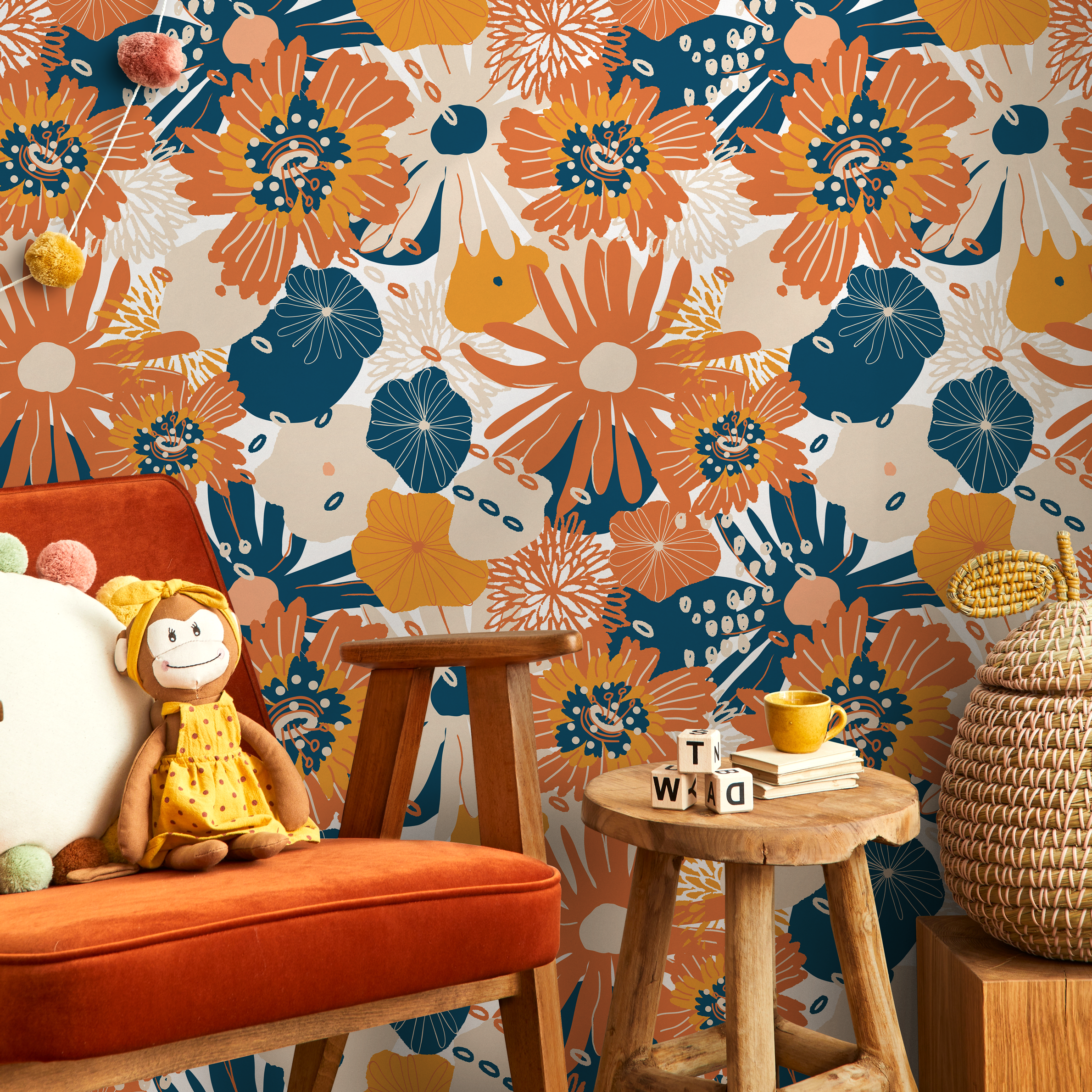 Retro Floral Wallpaper With Stylized Blooms In Orange, Blue, And Yellow - B835
