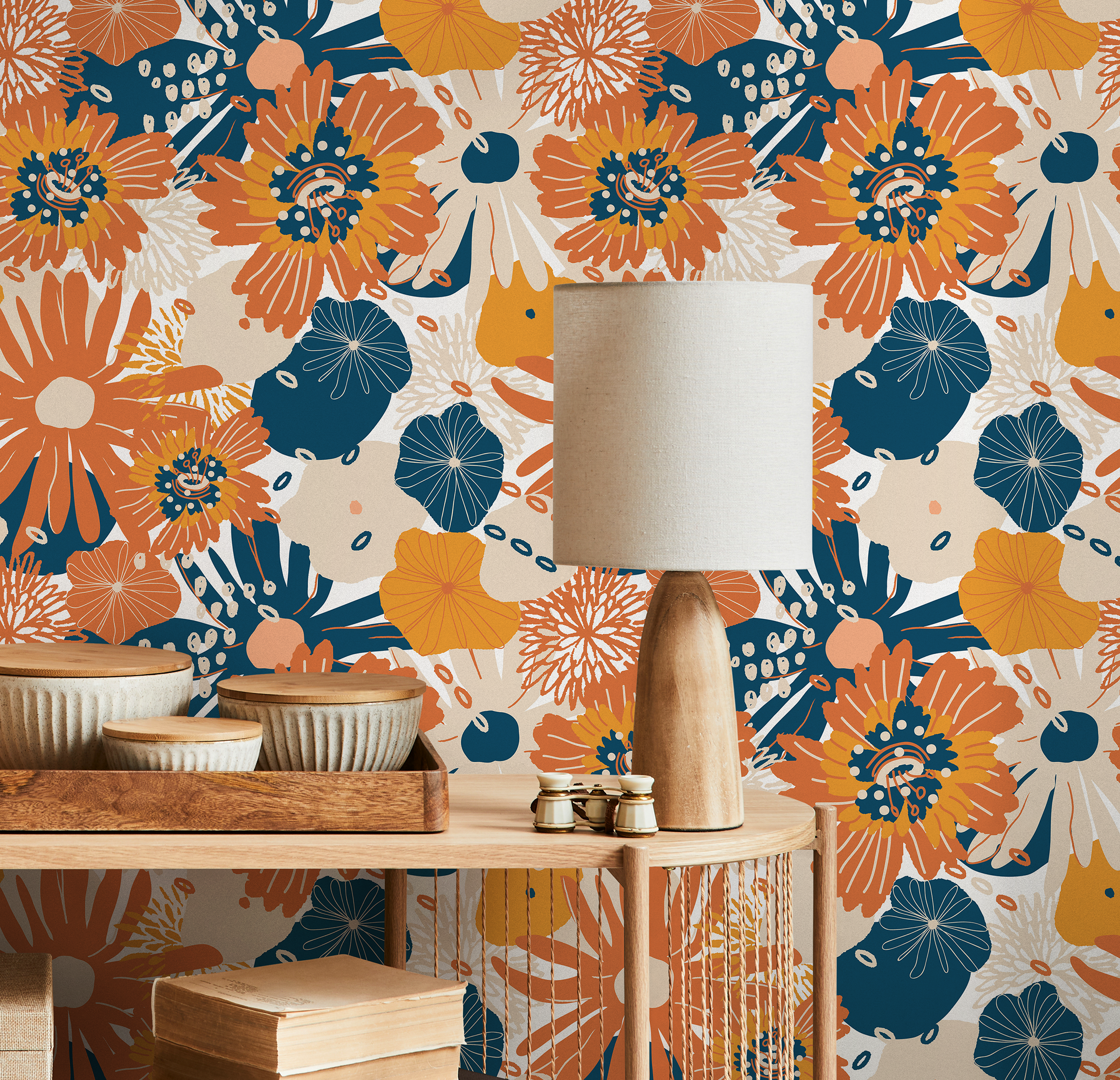 Retro Floral Wallpaper With Stylized Blooms In Orange, Blue, And Yellow - B835