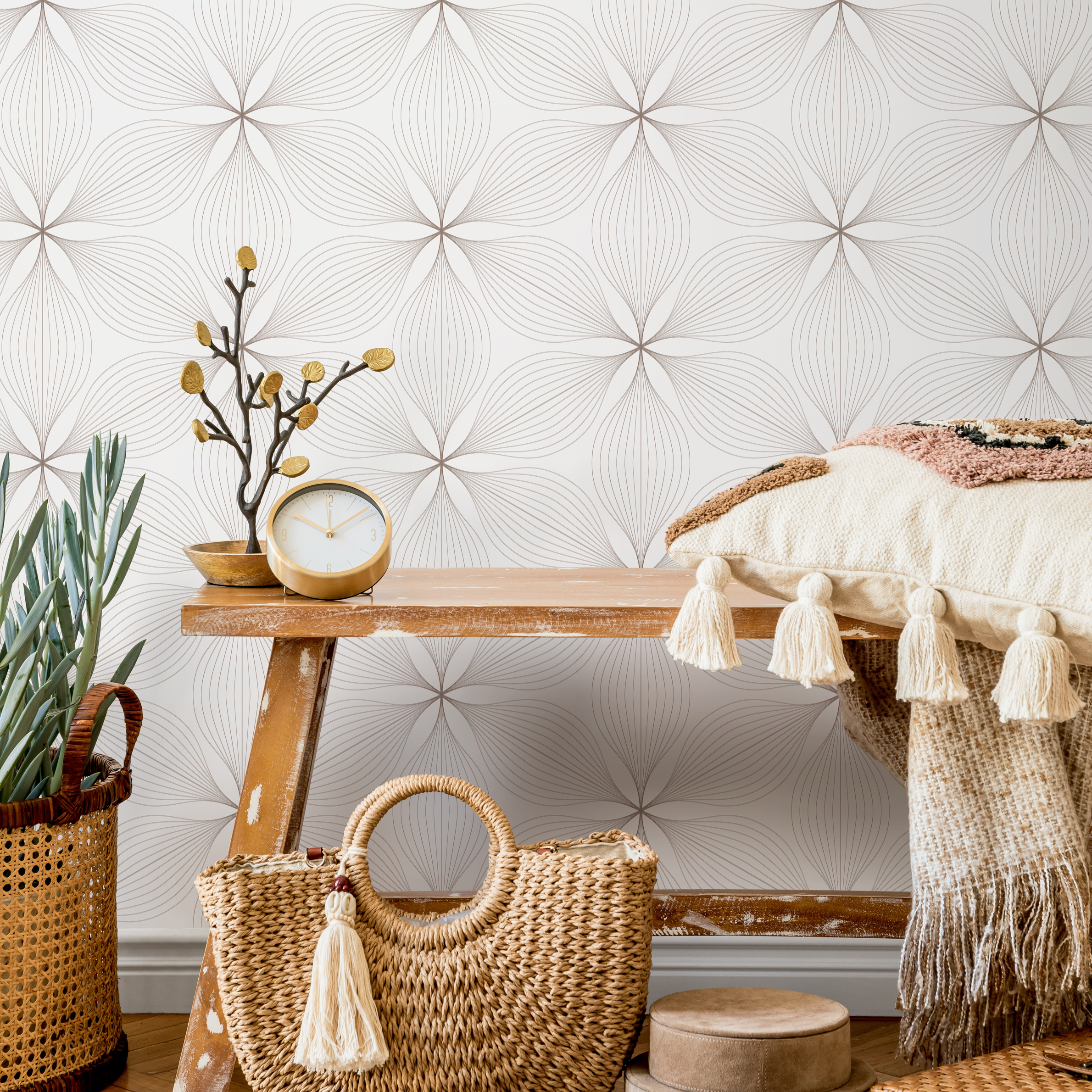 Geometric Wallpaper With A Delicate Line Art Flower Motif In Taupe - B838