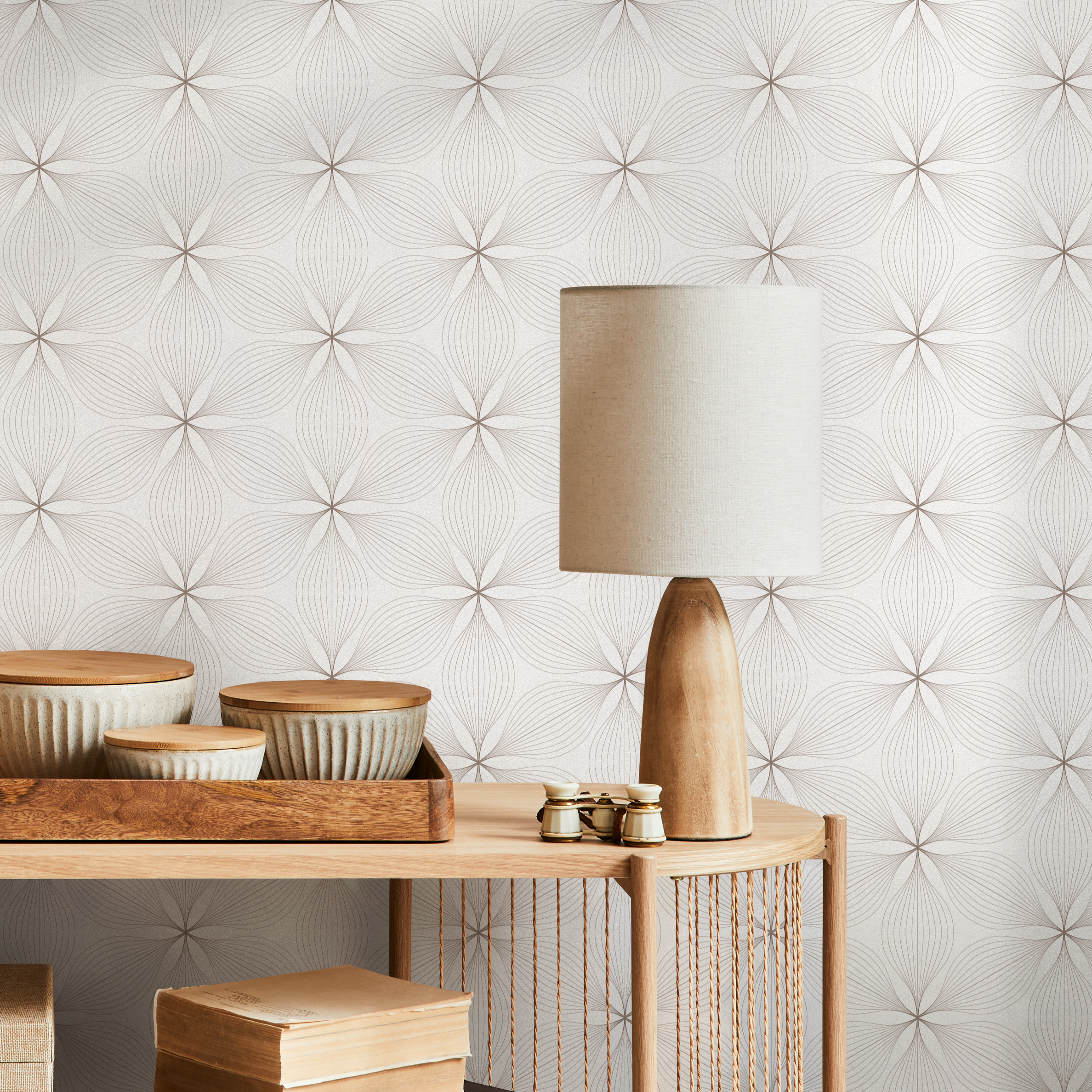 Geometric Wallpaper With A Delicate Line Art Flower Motif In Taupe - B838